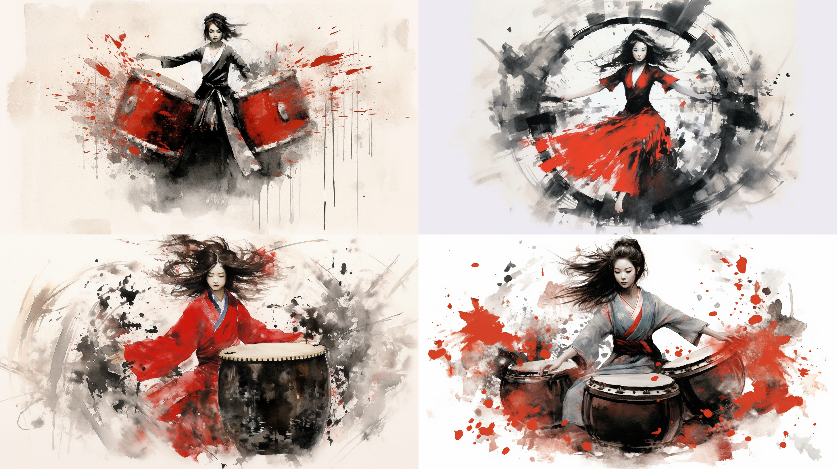 中国大鼓，红衣女孩击鼓，裙摆衣袖飘逸，泼墨写意中国画，对称构图，黑白灰，气势大，层次分明，高画质，背景留白，古朴美，雄壮姿态。