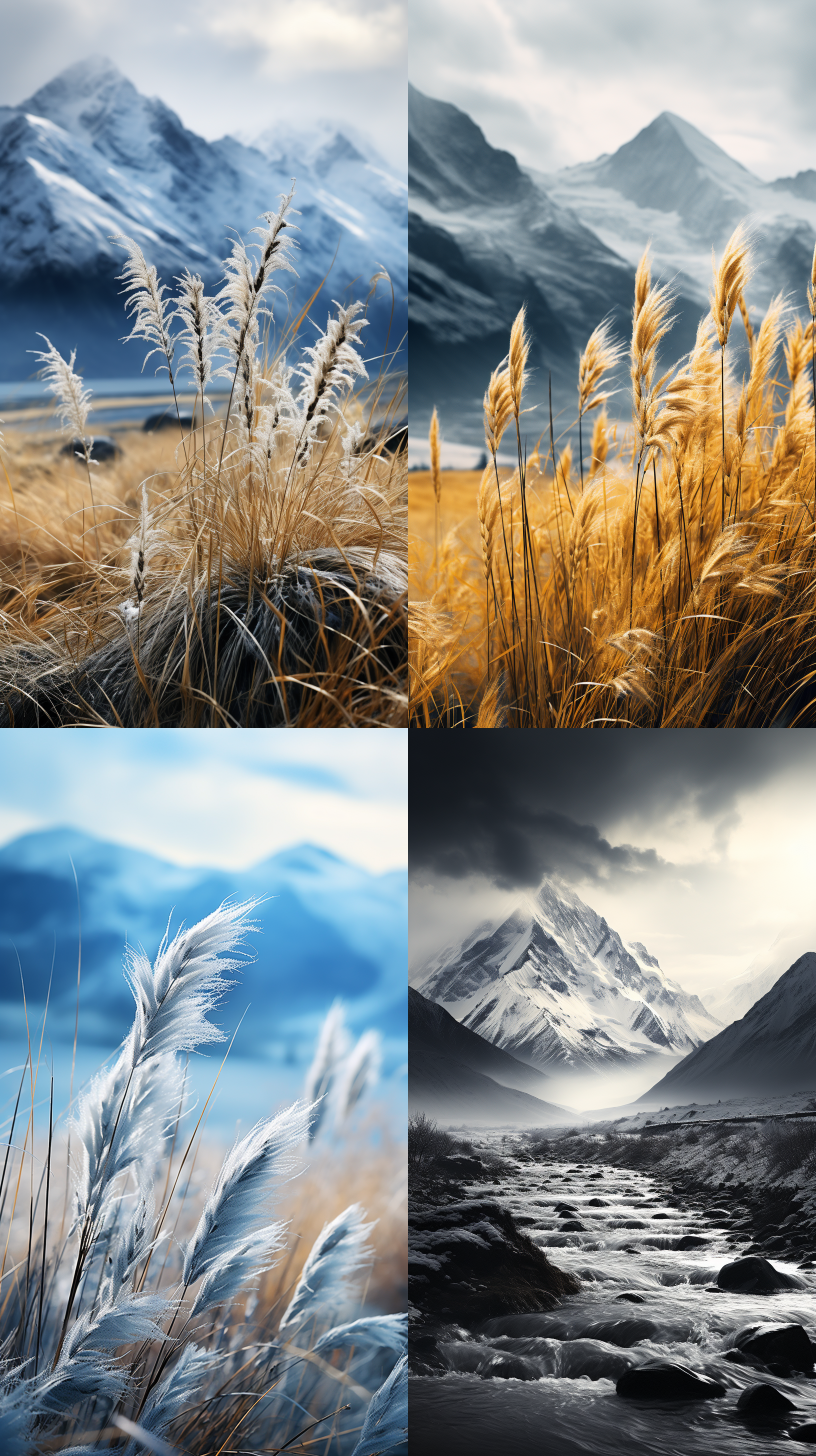 雪山草地河流，宏观摄影，半色调，自然光线，柔和聚焦，高饱和度，质地细腻，气氛浓郁。16：9