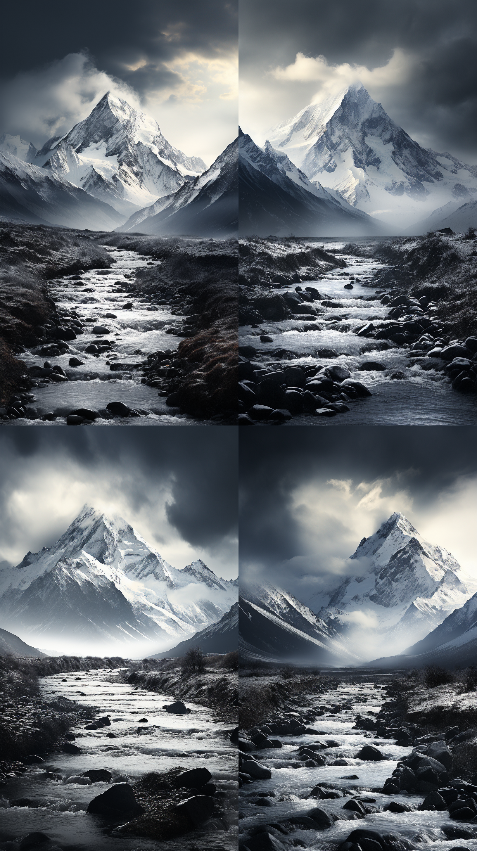 雪山草地河流，宏观摄影，半色调，自然光线，柔和聚焦，高饱和度，质地细腻，气氛浓郁。16：9