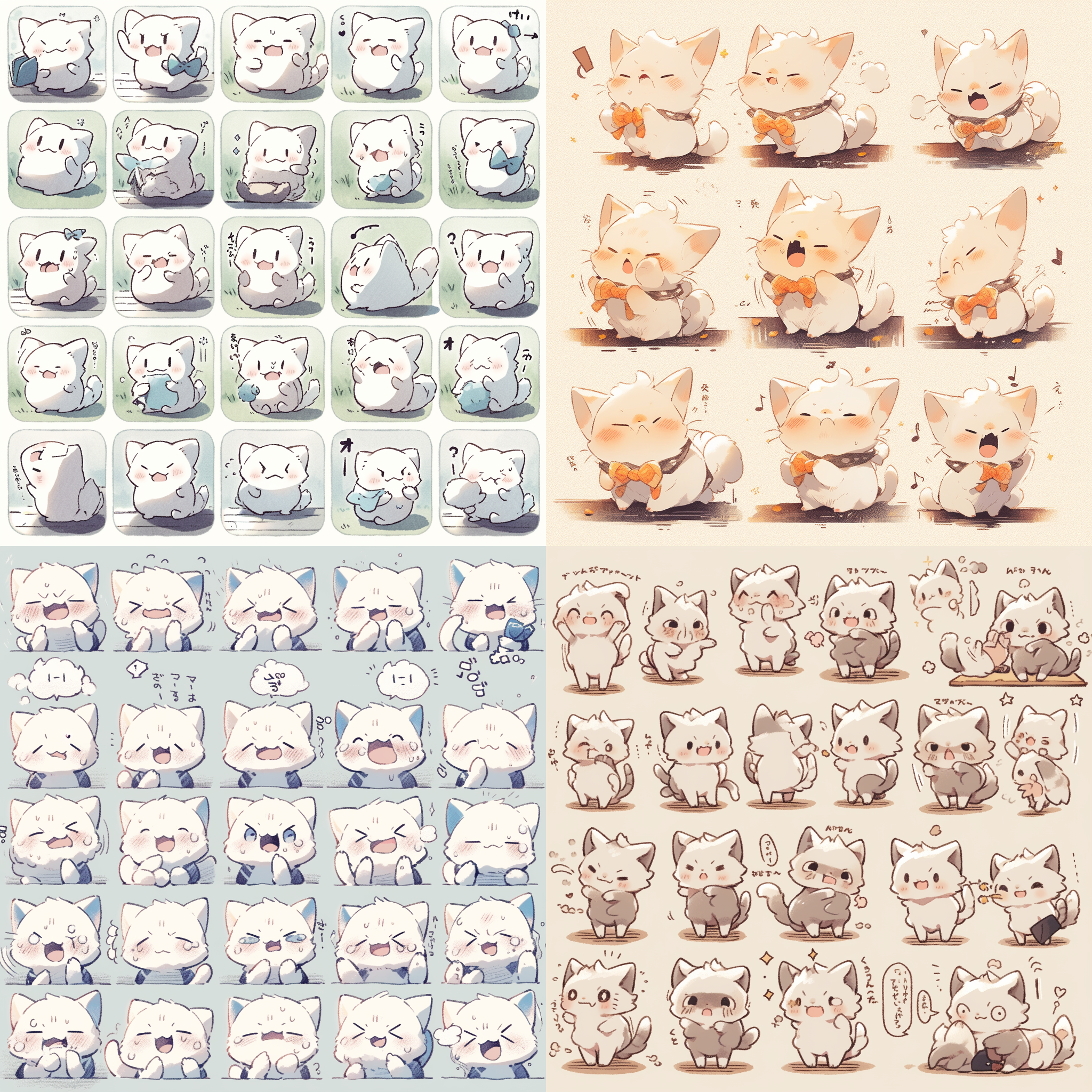 the various expressions of the kitten, such as anger, happiness, anger, etc., are presented as an illustrated collection using bold comic lines, cute style, great fiqure style, dynamic posture, white background, f/64 groups, related personalities, old memory core, chalk ar 3:4 – s 250 – niji 5 – s 400 – style cuteness