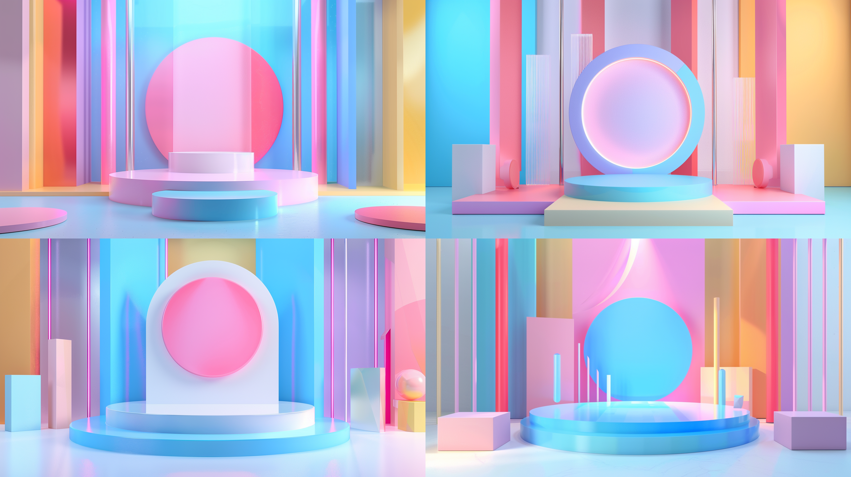 三维模型展台，音乐元素，三色方案，亚克力背景板，无缝拼接，c4d视觉渲染，活力动态，广角镜头视角，熟练照明，白色背景正面照明，科技感，现代感，光影交错，色彩鲜明，立体感强，视觉冲击力。