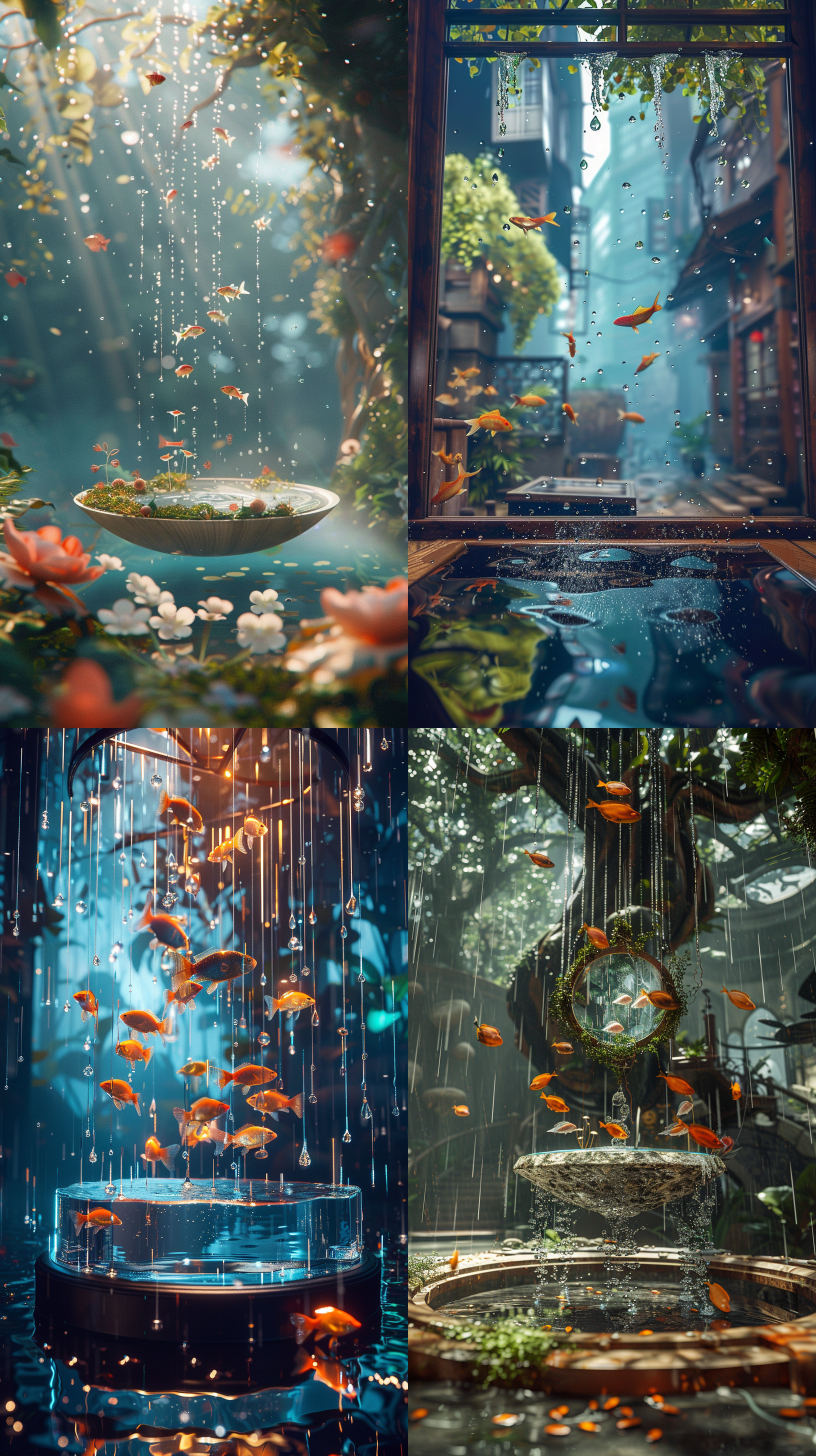 海报场景，雨水凝成展示台，下面是玻璃镜面，周围水，正在下雨，空中有小鱼在悬浮，炎热炙烤的感觉，阳光明媚，自然光，3d场景细节质感，夏天