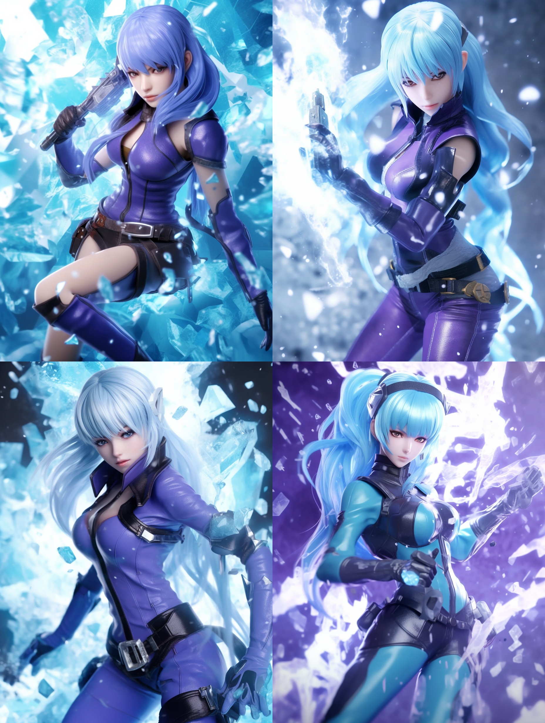 库拉在冰雪世界中战斗，拳皇风格，冷色调，全景构图，特写镜头，逆光，动态模糊，冰晶特效，专注表情，蓝色战斗服，寒气环绕。