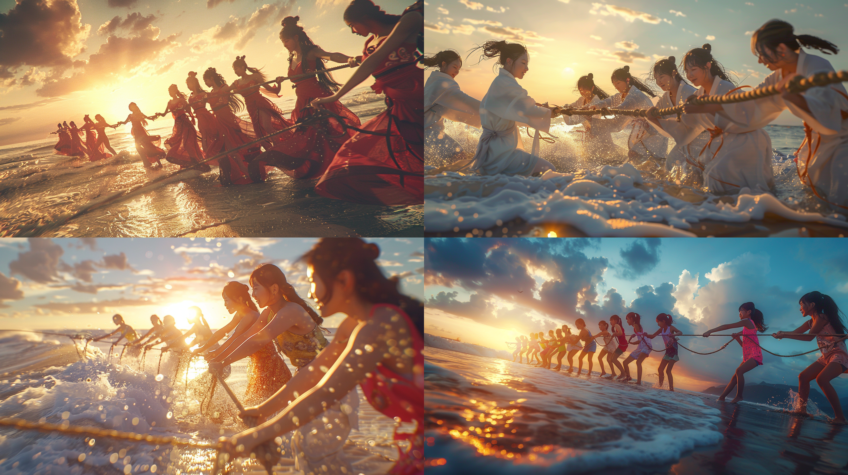 20个中国女人在海边玩拔河比赛，高细节超逼真，嫩白肤色，4k分辨率，鲜艳色彩，侧逆光，特写镜头，真实风格，最佳画质，动态捕捉，夕阳，海浪，沙滩，快乐表情。