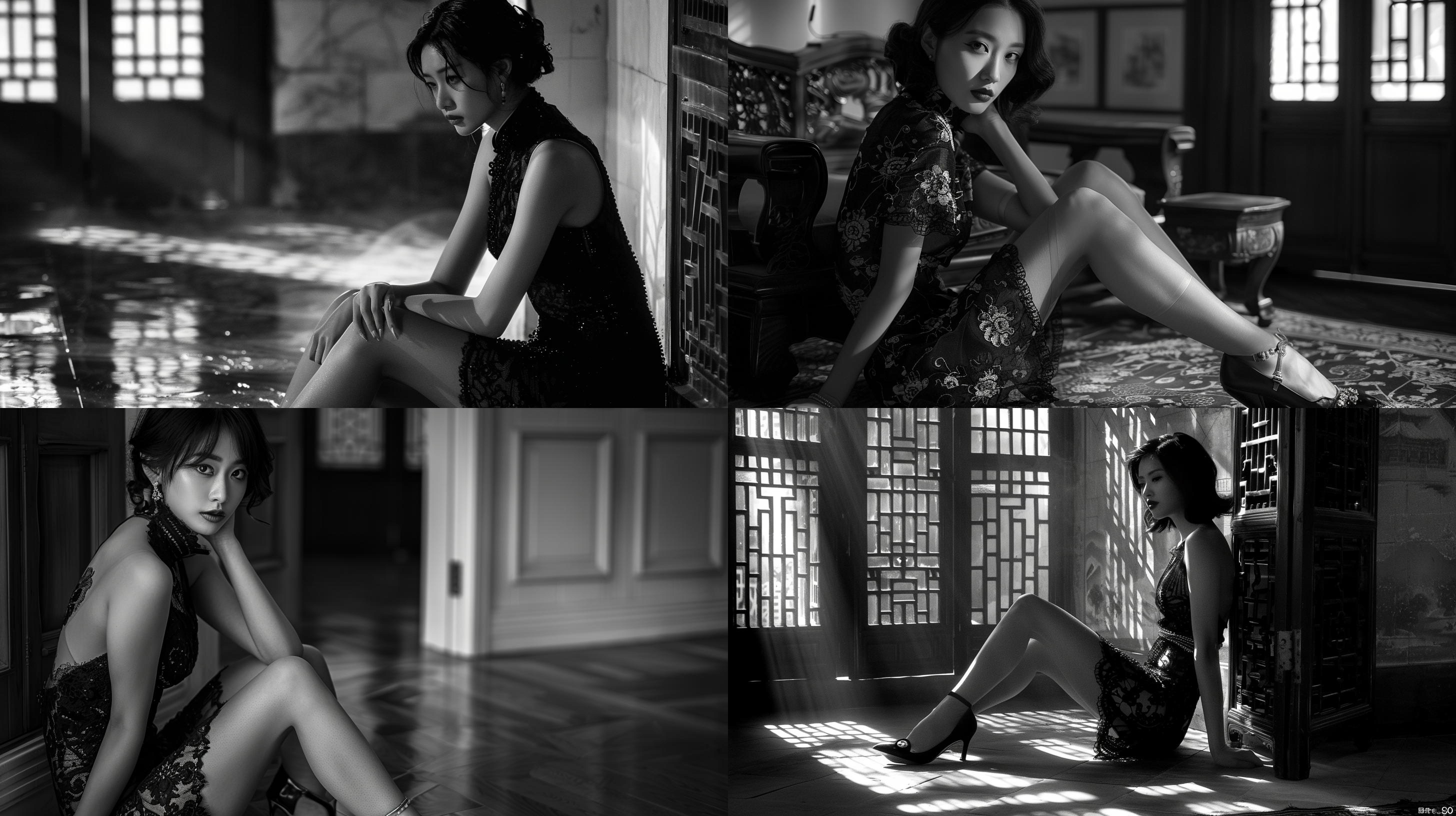 中国美女，高开叉旗袍，写真风格，高跟鞋，微蹲，黑色蕾丝，暗色调，无助感，室内，柔光，长焦镜头，低饱和，侧脸，忧郁眼神。