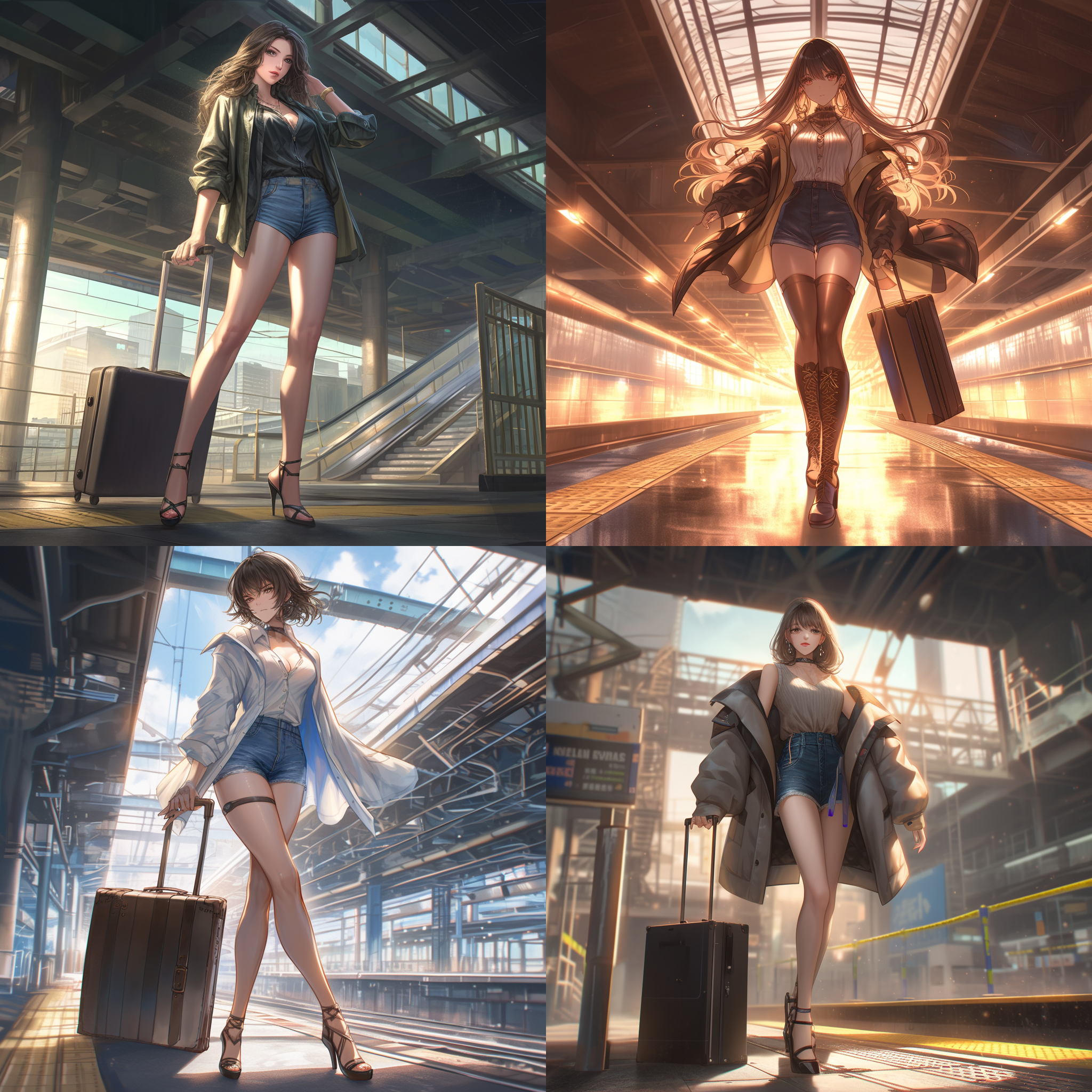 拳王·不知火舞站立，手提公文包，开衫衣搭配牛仔短裤，地铁站背景，大长腿，高跟鞋，超级细节，追求细节，优雅气质，8k分辨率，腰部以上特写，自然光，柔和色调，自信表情，时尚风格。