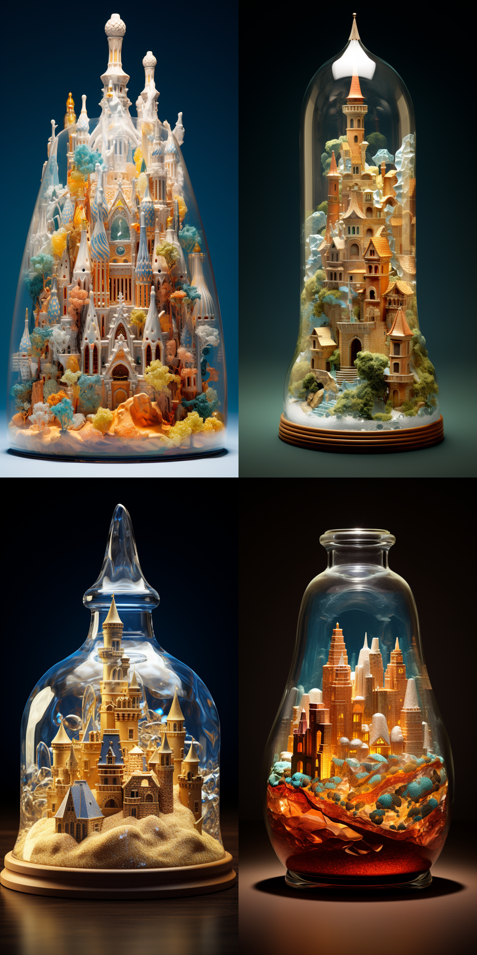 盐田千春，安东尼奥·高迪，立体仙境，超现实，超现实，沙盒世界，玻璃瓶，宫殿，低多边形模型风格，等距视图，微透镜，立体，32k高清，超清晰，精湛的作品，精湛的构图，丰富的细节，令人眼花缭乱的色彩和光线。