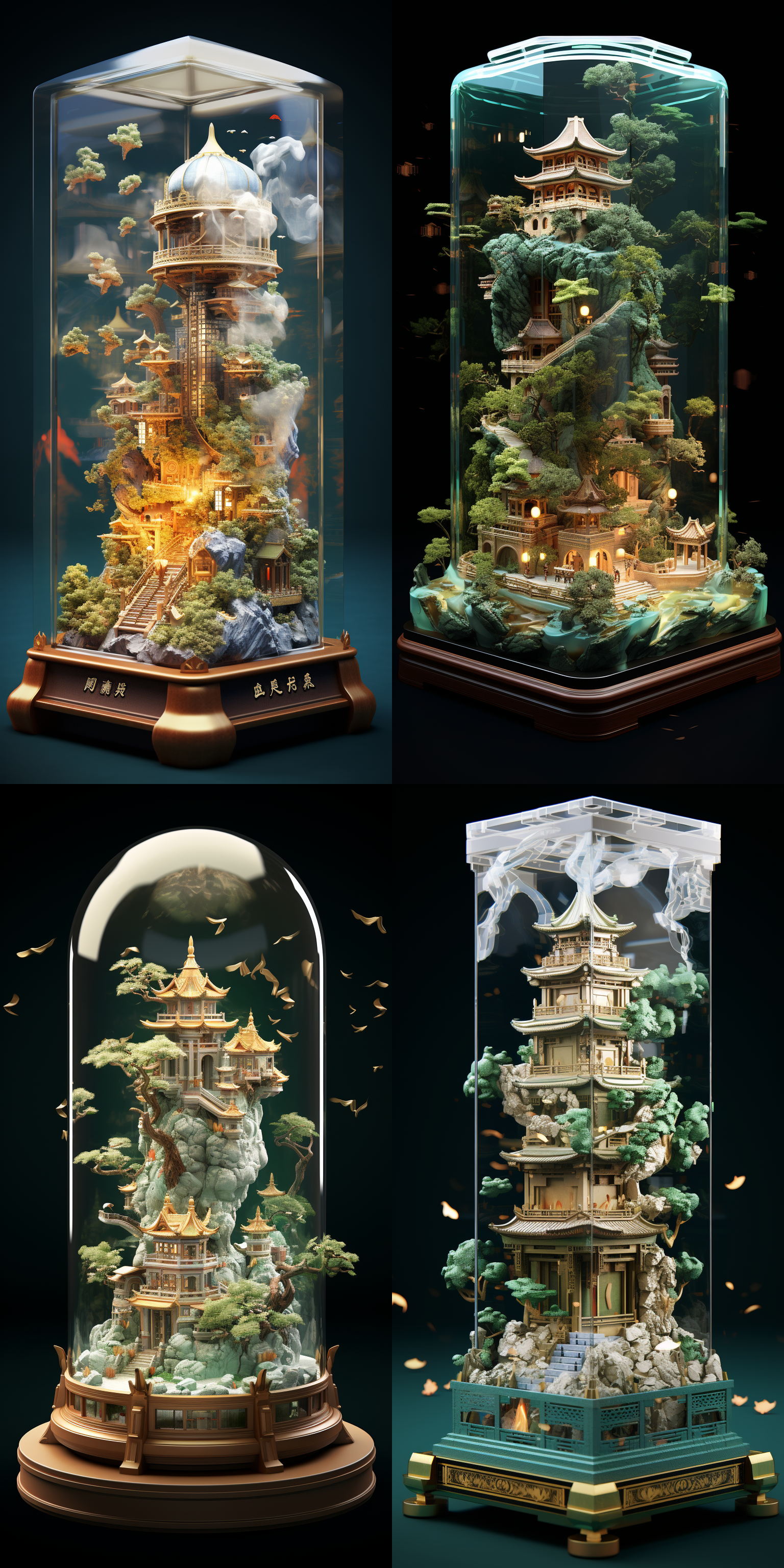 三维秘境，超现实，超写实，沙盒世界，透明的玻璃瓶，宫殿，低聚模型风格，等轴视图，微观镜头，立体，32k高清，超清，大师级作品，大师级构图，细节描绘丰富，炫彩光影