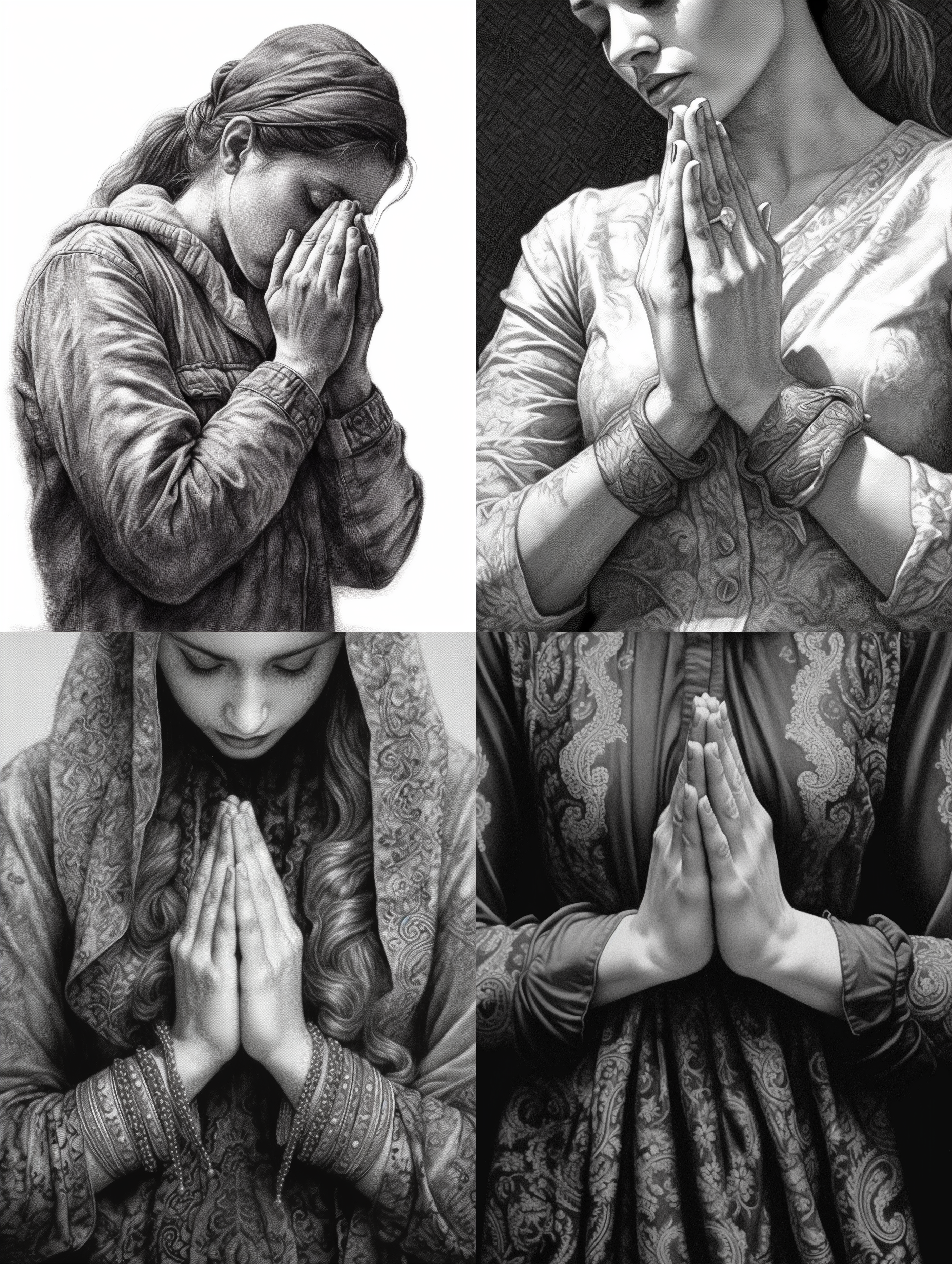 超写实主义画一双女人的手，特写，超写实主义，做出祈祷的手势，线条细腻，流畅，工笔线描