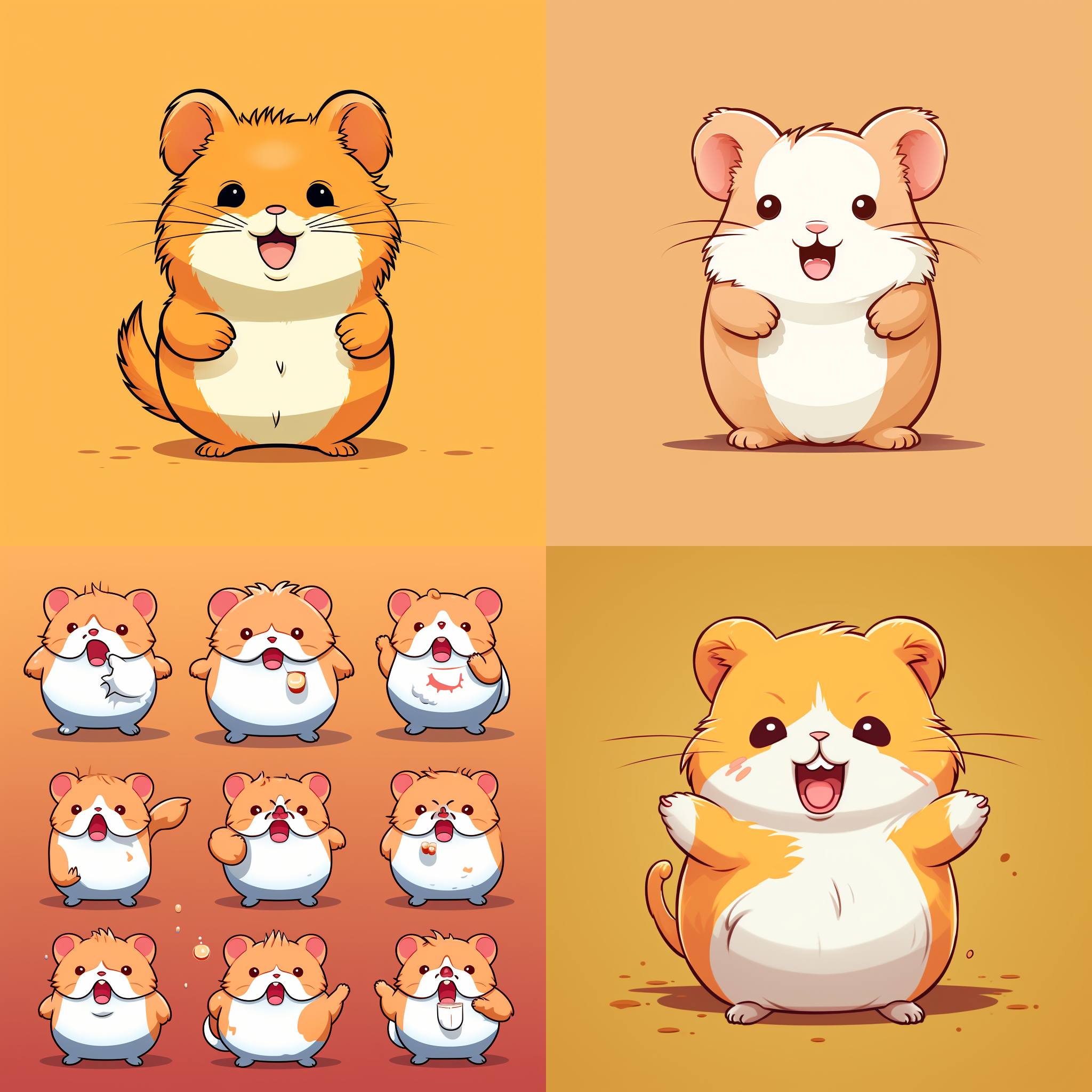 仓鼠吉祥物，多姿势表情，开心伤心生气，纯线插图，纯色填充，圆胖可爱，简洁线条，明亮色彩，商业广告，卡通插画，品牌形象，动态捕捉，平面设计，柔和光线，温馨氛围，亲和力，活泼生动。 宫崎骏