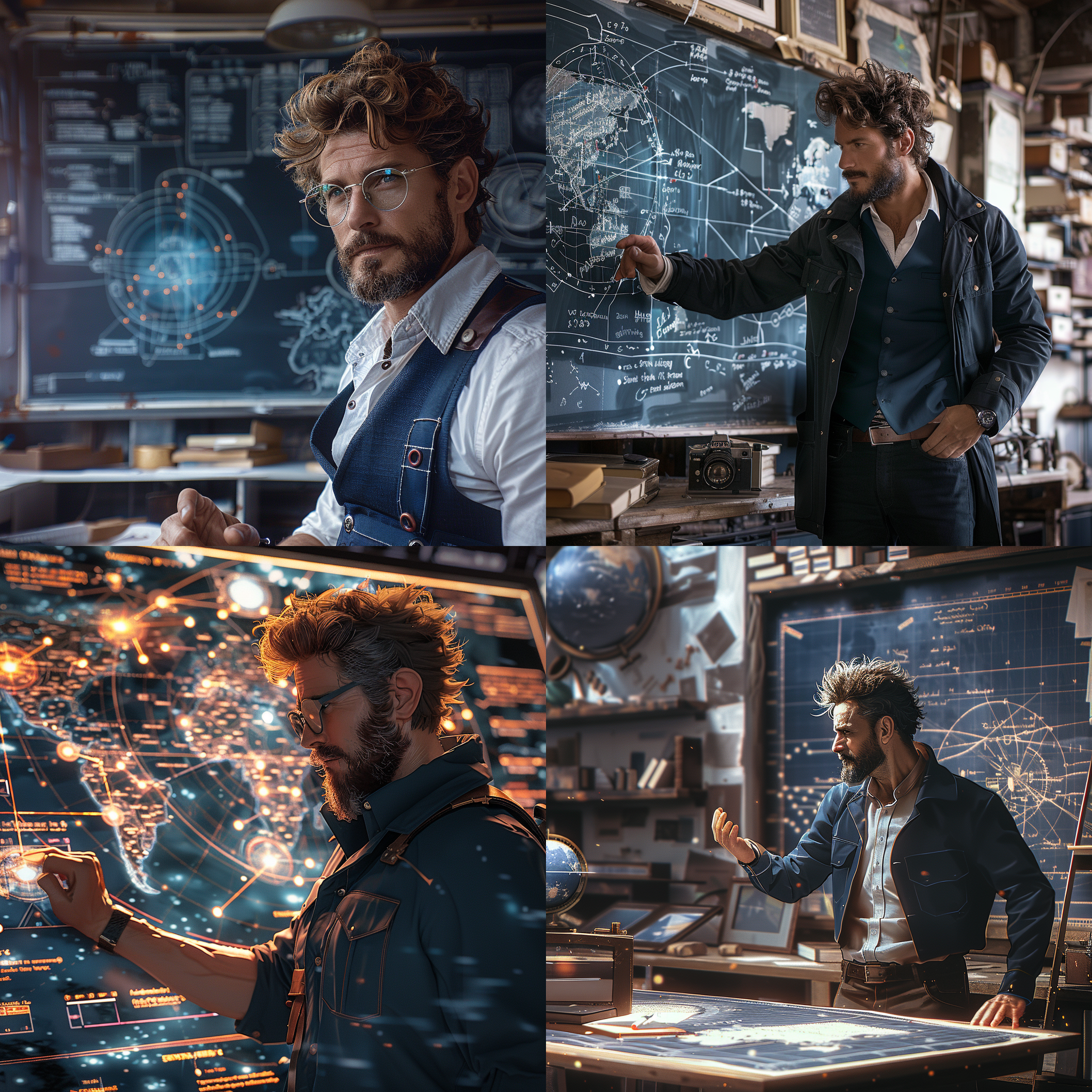 年轻男老师讲解知识，黑板前，物理公式密集，行星轨迹图，冷色调，中焦镜头，背光，慢快门，沉思，求知欲。