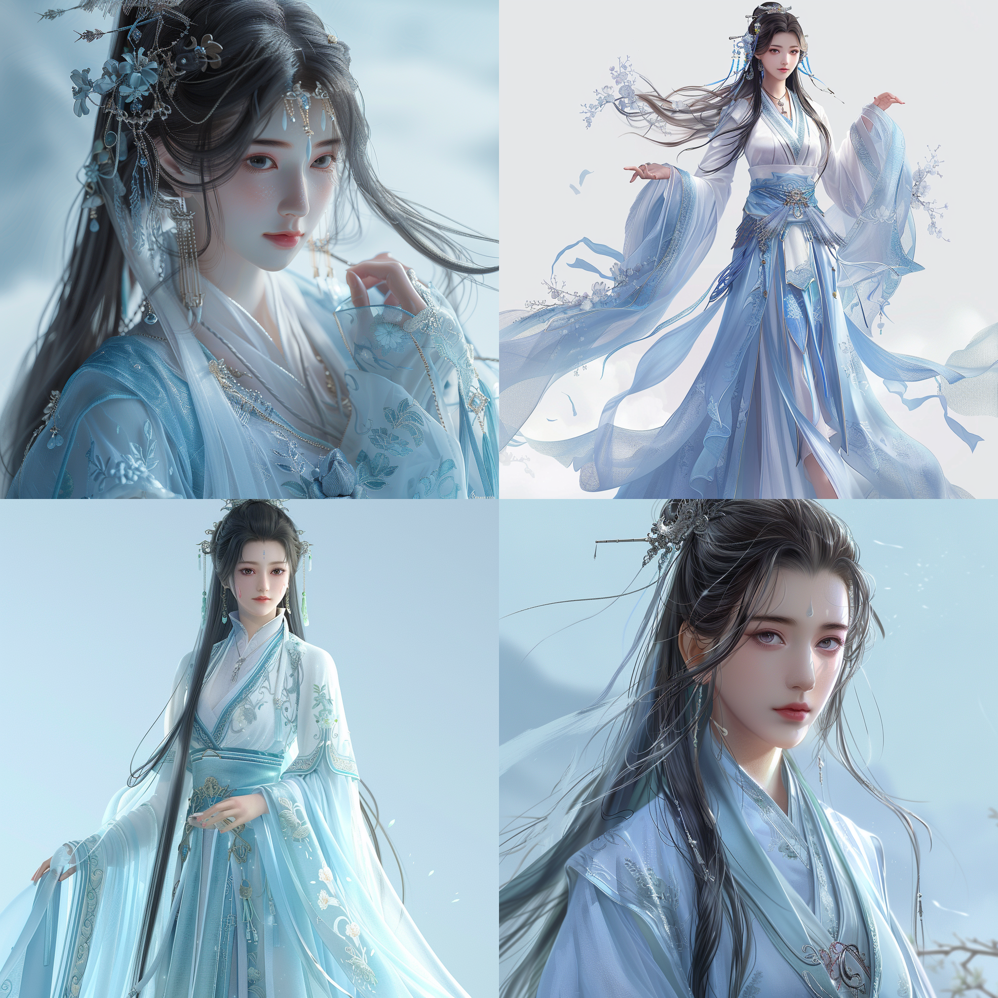 风ai头像，中国风，头像设计，高清头像，浅蓝白色背景，超清质感，精细细节，人物端庄，长发飘逸，古装服饰，柔和光线，自然环境，长焦镜头，低饱和度，平静表情。