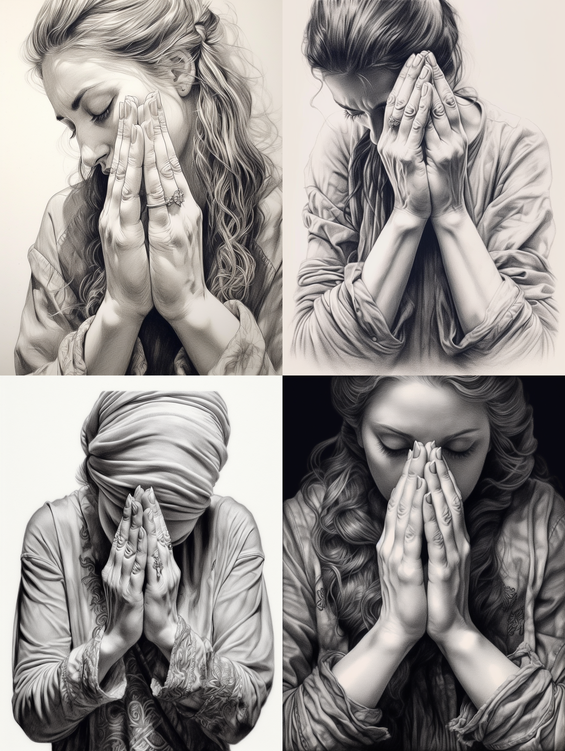 超写实主义画一双女人的手，特写，超写实主义，做出祈祷的手势，线条细腻，流畅，工笔线描