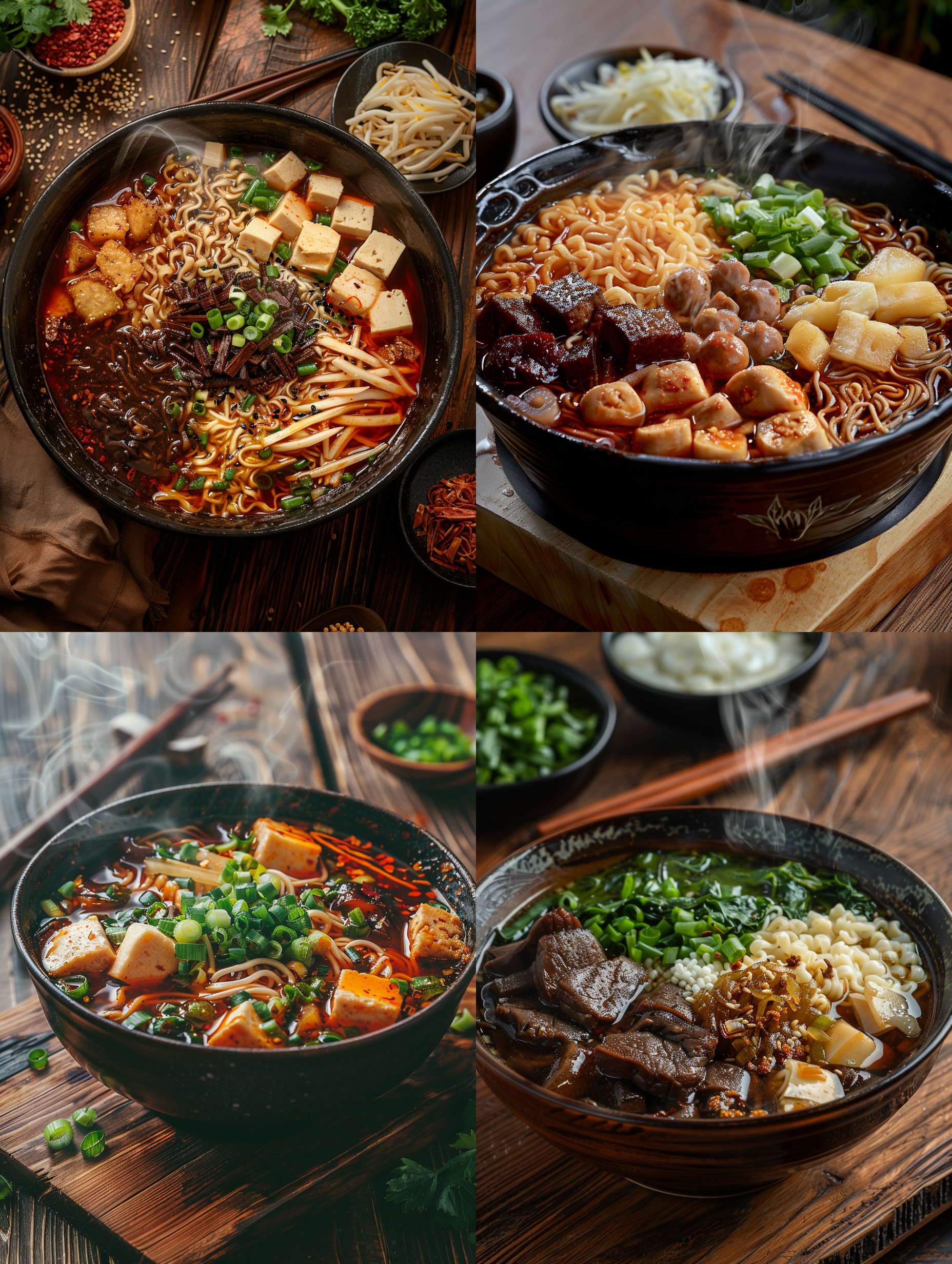 重庆小面，高角度俯拍，碗中满满的食材，热气腾腾，木质桌面，暖色调，特写镜头，自然光，细节丰富，食欲，美味。