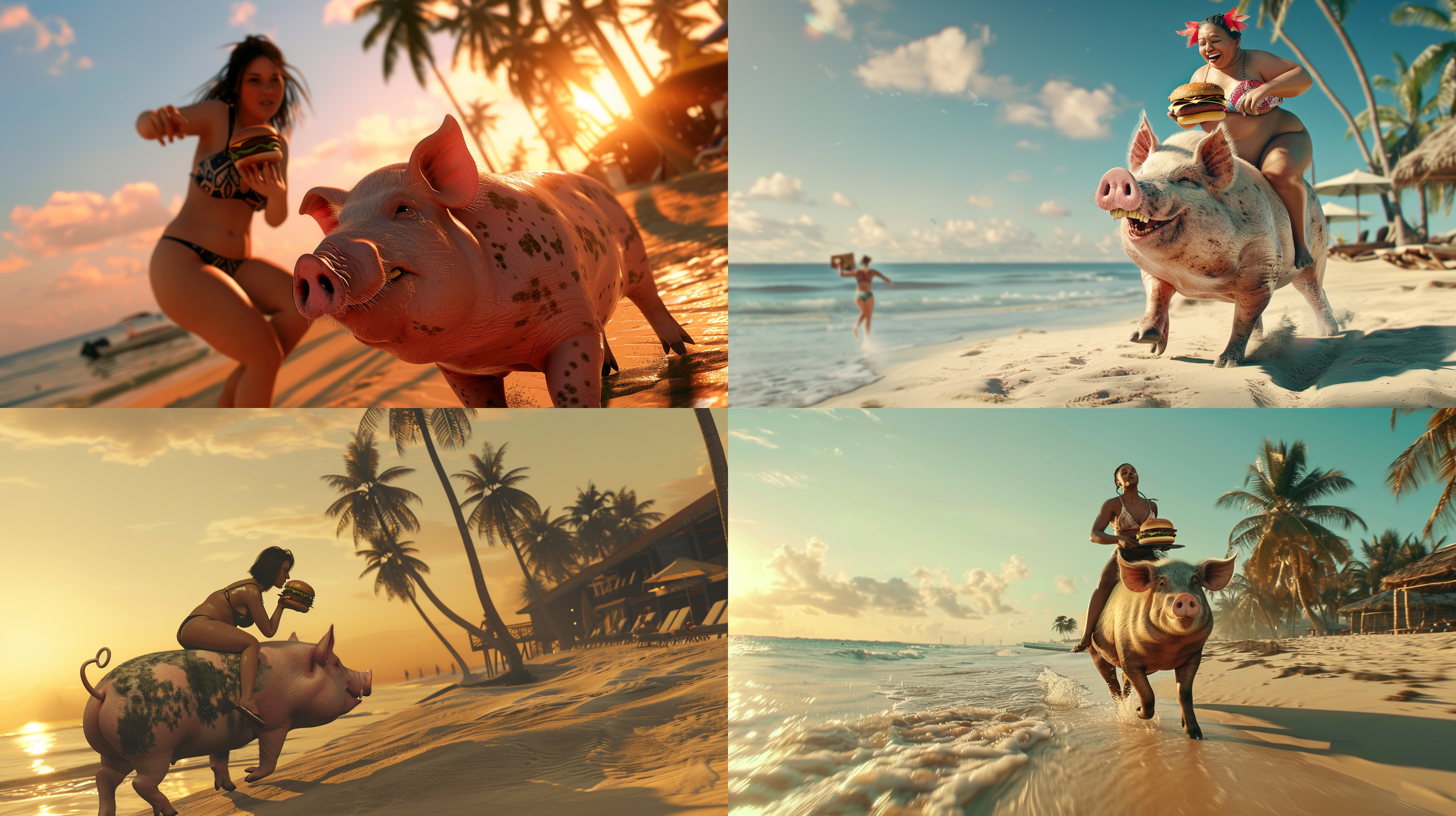 日本肥胖女人骑着一头肥猪，在海边奔跑，吃着汉堡包，沙滩，椰树，女人正对镜头，高细节超逼真，嫩白肤色，4k分辨率，鲜艳色彩，写实风格，夕阳，特写镜头，最佳画质