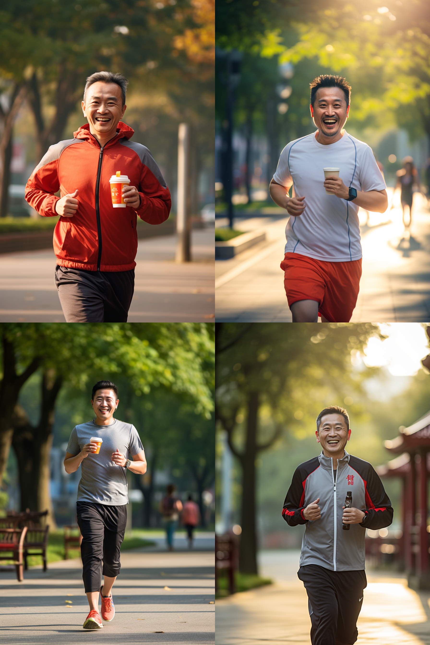 中国男子晨跑，手持饮料，笑容满面，轻松愉悦，延时移轴摄影，运动模糊，城市公园，清晨阳光，长焦镜头，动态捕捉，鲜艳色彩，积极情绪。