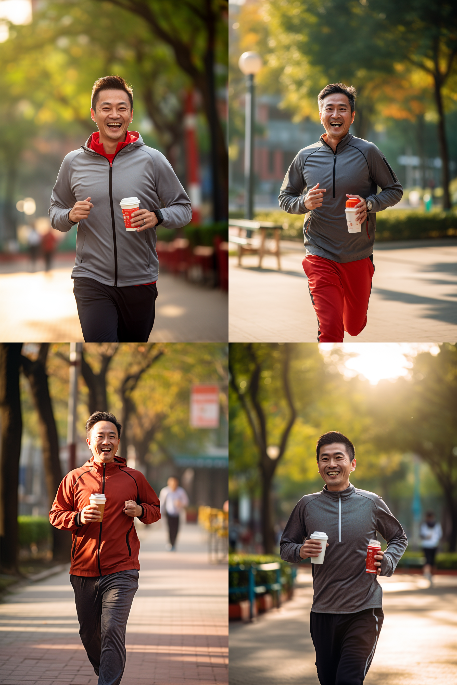 中国男子晨跑，手持饮料，笑容满面，轻松愉悦，延时移轴摄影，运动模糊，城市公园，清晨阳光，长焦镜头，动态捕捉，鲜艳色彩，积极情绪。
