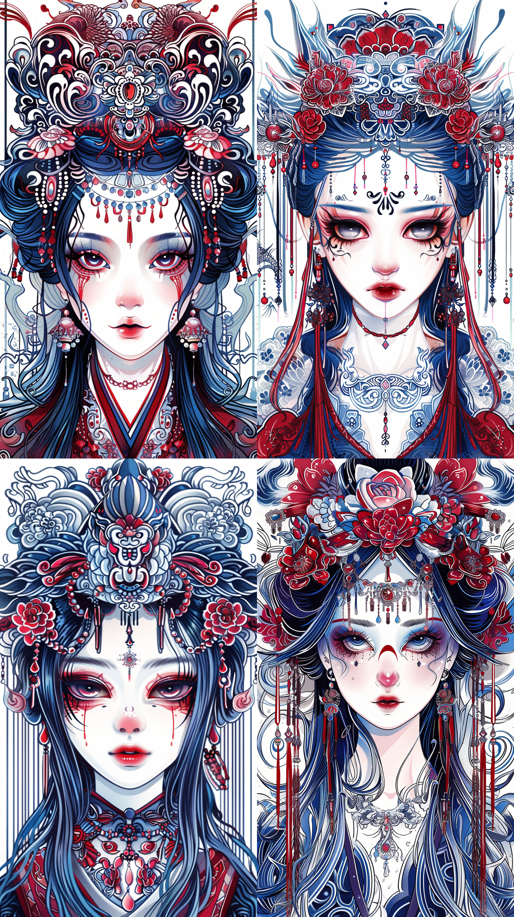 front face, chinese opera actress, red and white porcelain, eye makeup, big eyes, thin eyebrows, delicate headdress, woodcut printmaking, vector illustration