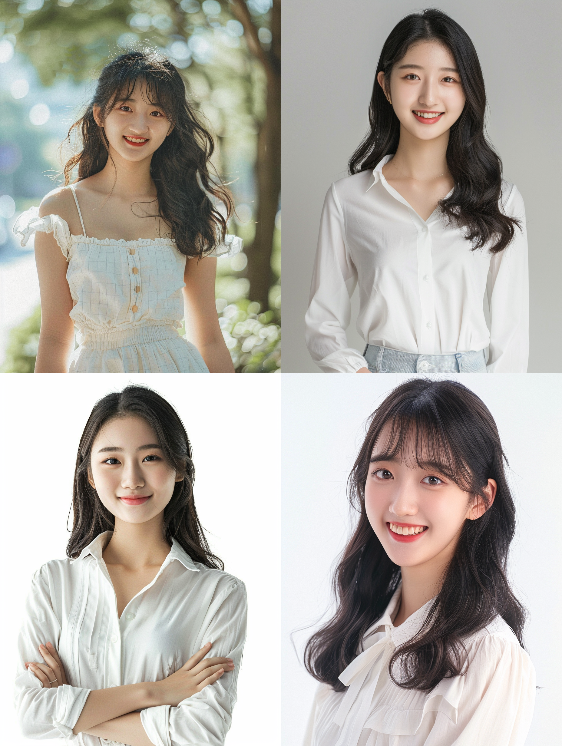 女生证件照，白色背景，正面半身，自然微笑，清晰五官，柔和光线，高分辨率，肤色均匀，细节丰富，专业摄影，正式场合。