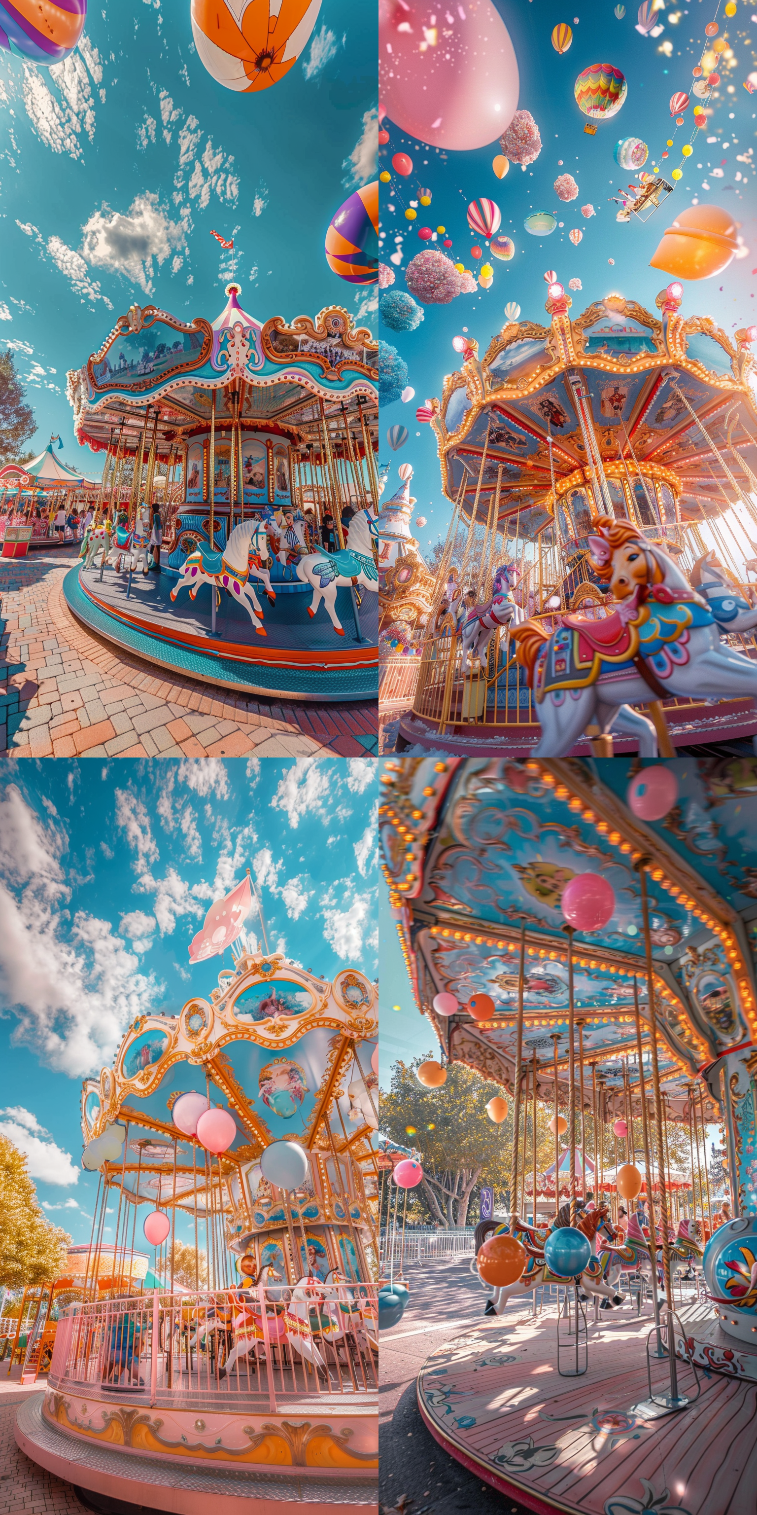 儿童乐园，迪士尼风格，梦幻色彩，广角镜头，仰视角度，旋转木马，气球，棉花糖，儿童笑脸，阳光明媚，色彩鲜艳，欢乐氛围，动态捕捉，柔和光线。