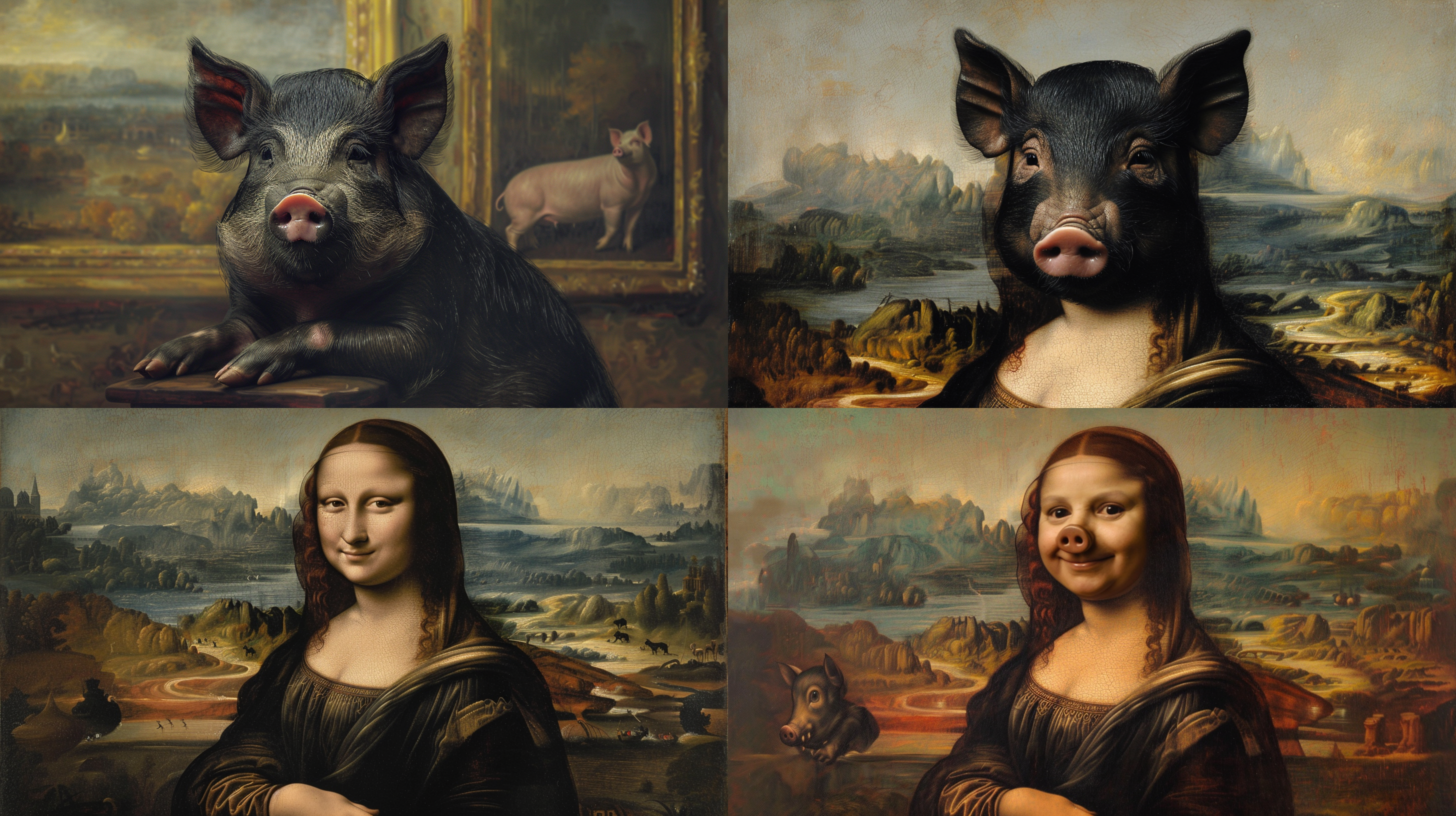 蒙娜丽莎换上黑色的肥猪，油画风格