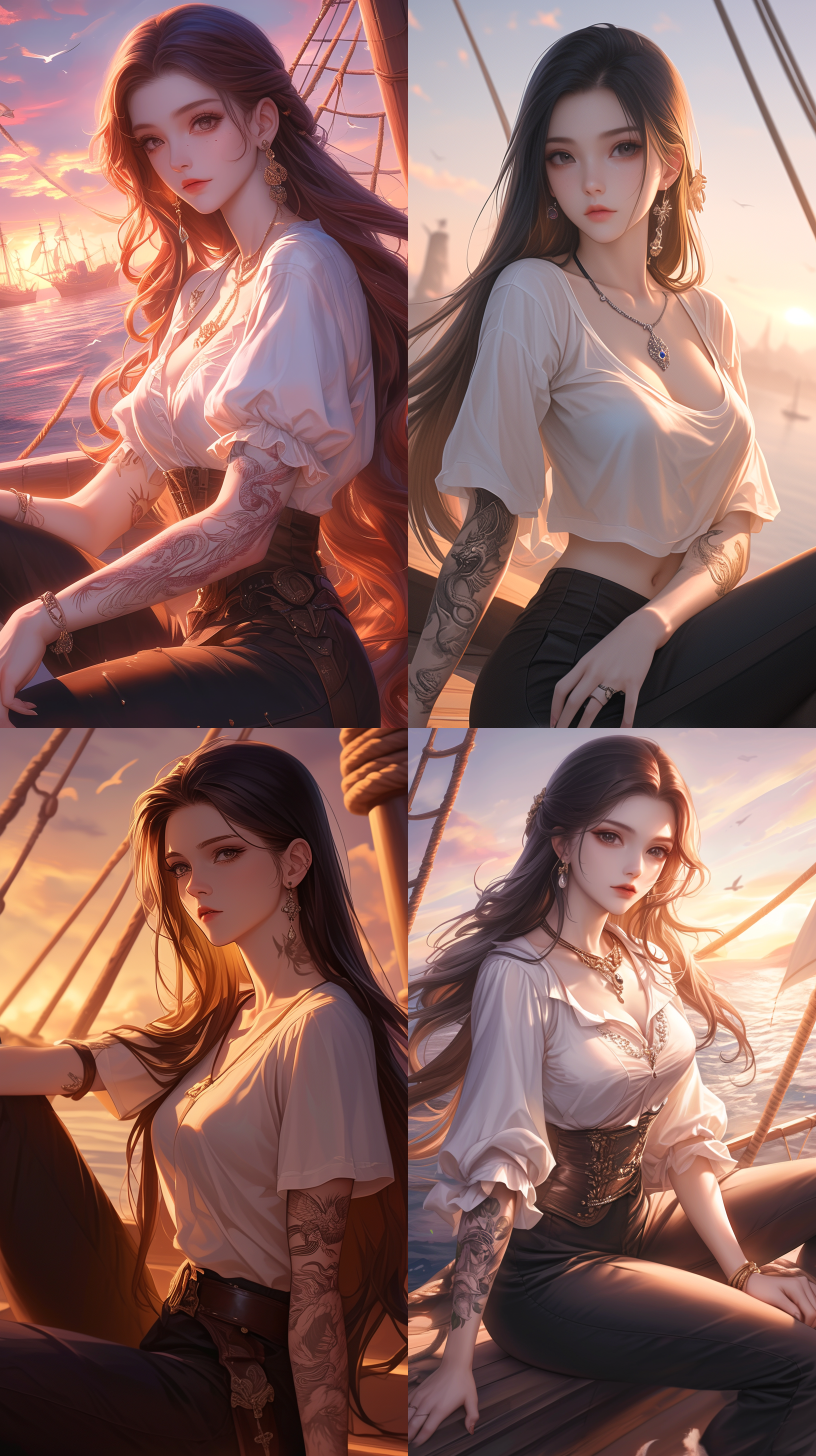 夕阳下的一艘古船的甲板上，一个长发、穿着白色短袖和黑色裤子的中国女孩盘腿而坐。她五官精致，皮肤白皙，眼睛大大的，脖子上挂着银色耳环，双臂有纹身，海盗风格，动漫写实风格，细节精致，