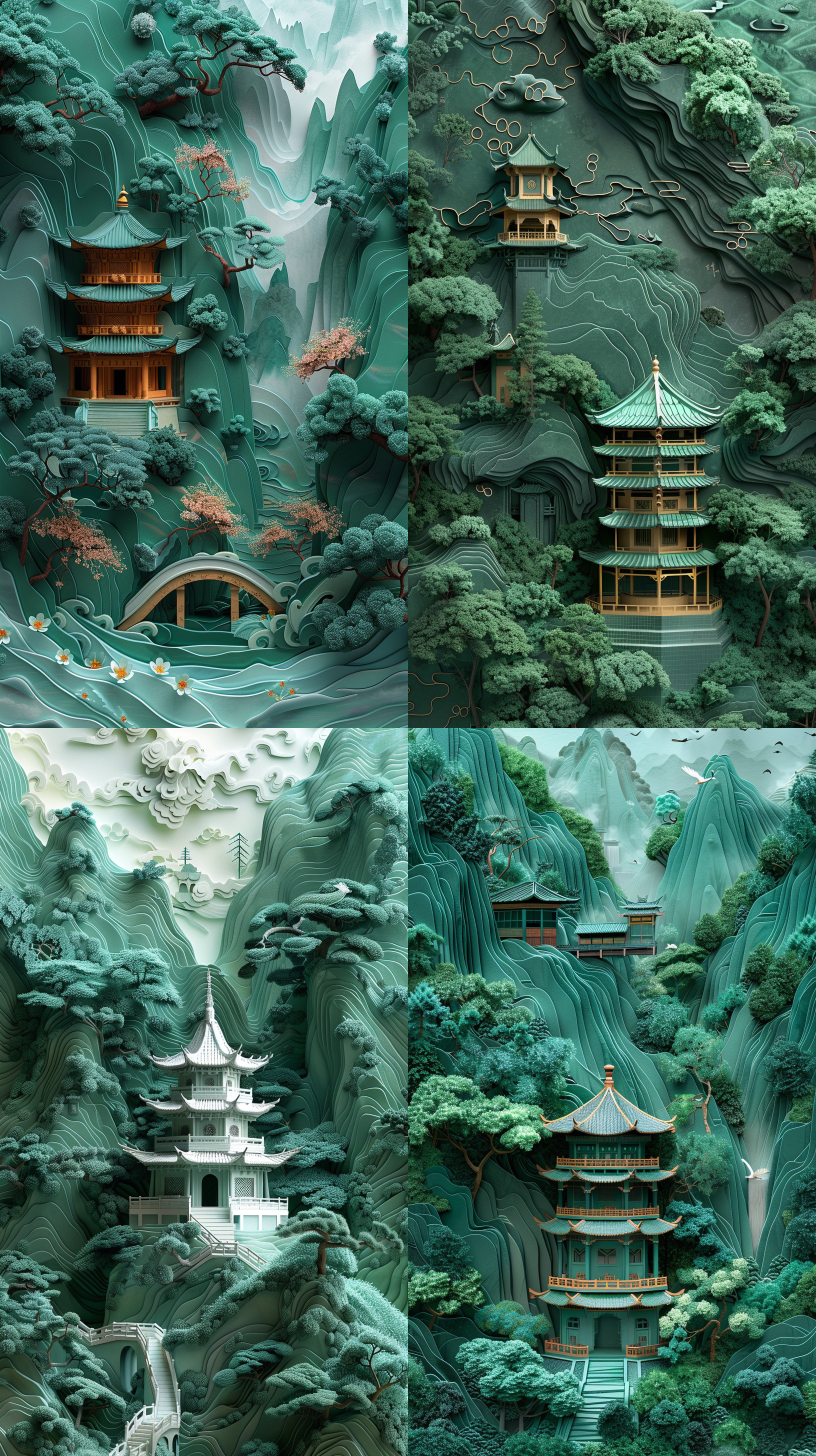 夏天的风景，茂密的树林，亭子，文昌塔，白底中国画，绿色，纸质插画：2，3d浮雕，8k，高清，