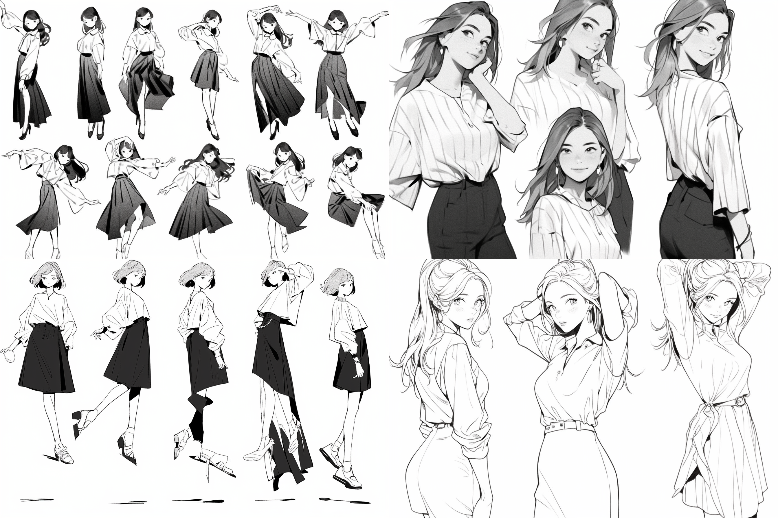卡通女孩动态图线稿，多角度捕捉，流畅线条，动漫风格，快速动作，正面与侧面视角，黑白对比，细腻笔触，活泼表情，轻盈姿态。