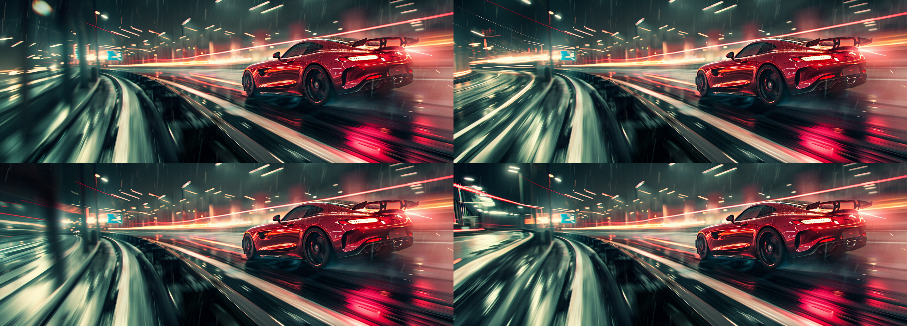 a red sport car racing on a expressway, dynamic effects, cool tune, night, cinematographic color, side view, true detail, 16k uhd