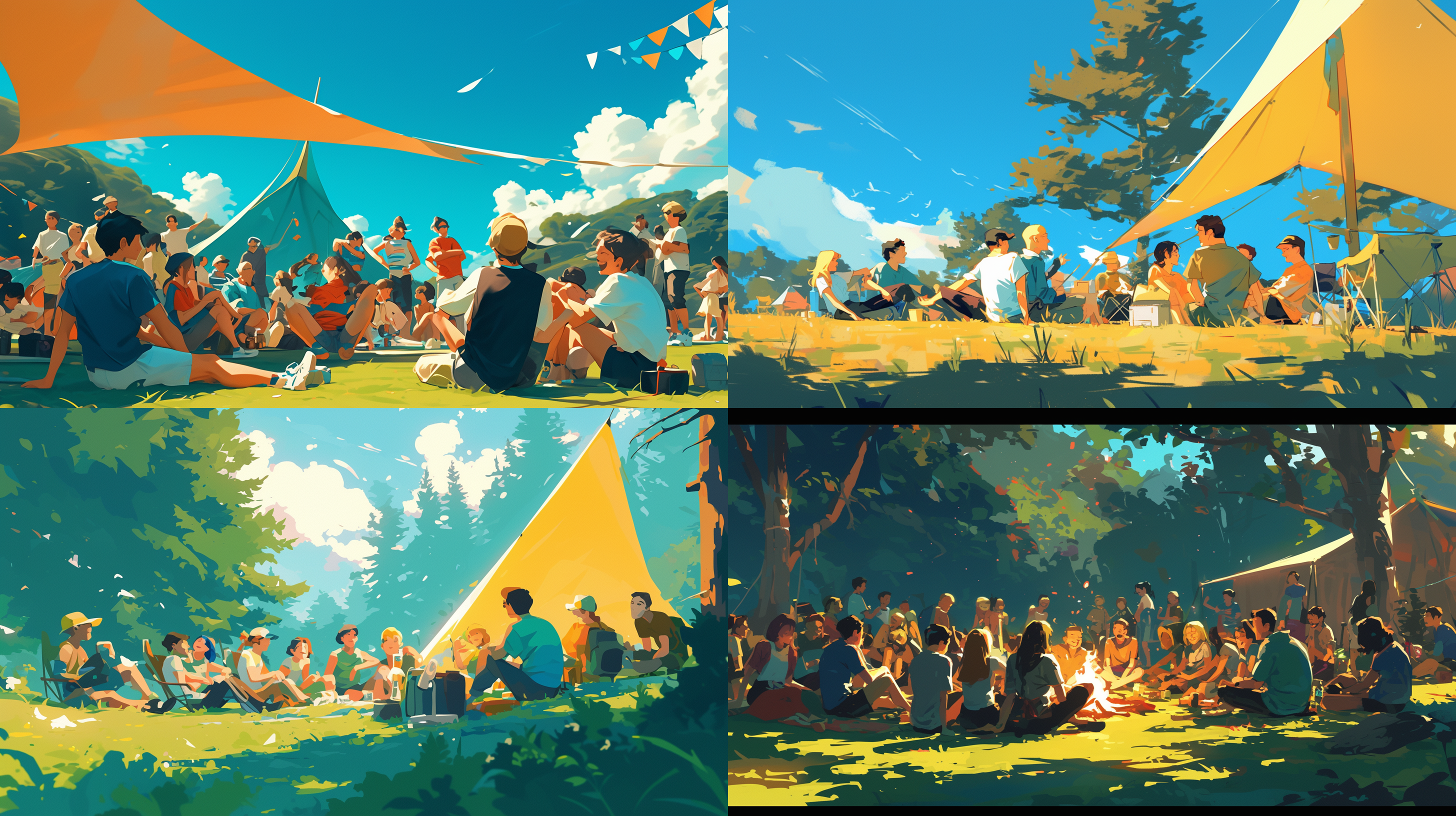 青年聚会，项目汇报，互相讨论，休闲娱乐，大自然露营，欢声笑语，画面留白，简洁插画风格，清新色调，自然光，广角镜头，动态捕捉，轻松氛围。