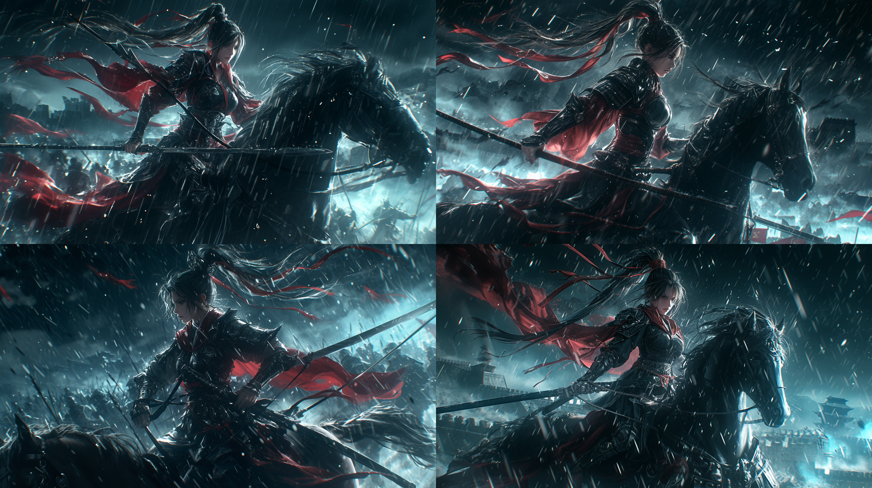 雨中，长城下，一位容颜俏丽的中国女将，穿着轻盔甲和红披风，骑着一匹跃动的战马。手持长矛，皮靴踏在马镫上。身旁，一名男性中国剑盾士兵，身中数箭，盔甲破碎，单膝跪地。尽管受伤，仍举盾保护将军。坚定的表情。箭矢遍地，烽火台点燃，长城在昏暗背景中隐约可见，整体暗调。 雪景，中国历史题材，古代军事场面，战争，勇敢，忠诚，决心，动作捕捉，广角镜头， 武侠， 古剑阵， 汉服， 中式赛博， 伦勃朗光，8k 武侠 古剑 汉服 中式赛博 伦勃朗光 中国水墨 长城 峡谷 全景 日落渐变 中国墨