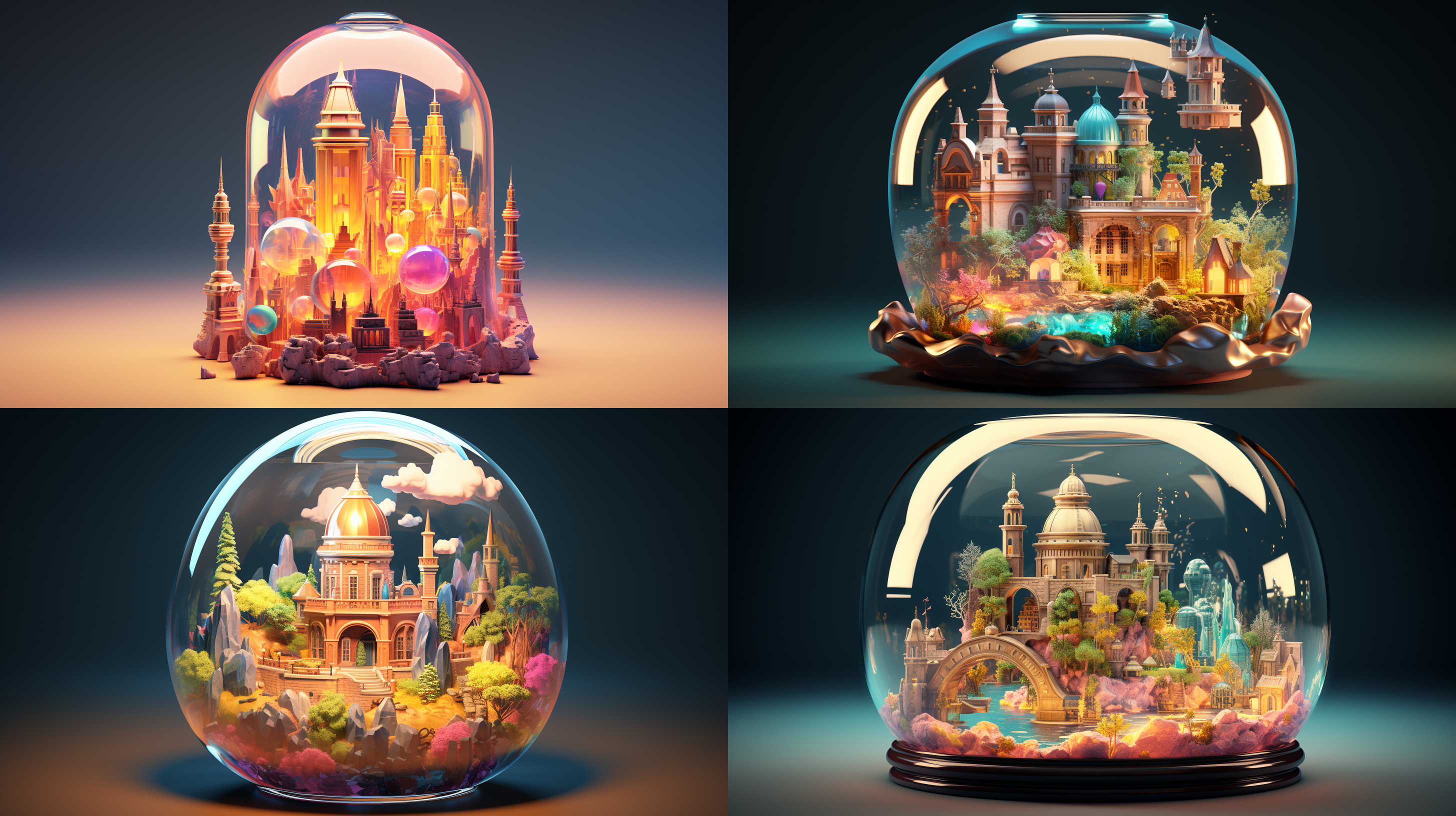 立体秘境、超现实、超现实、沙盒世界、玻璃瓶、宫殿、低多边形模型风格、等距视图、微透镜、立体、32k高清、超清晰、精湛构图、细节丰富、色彩光炫目