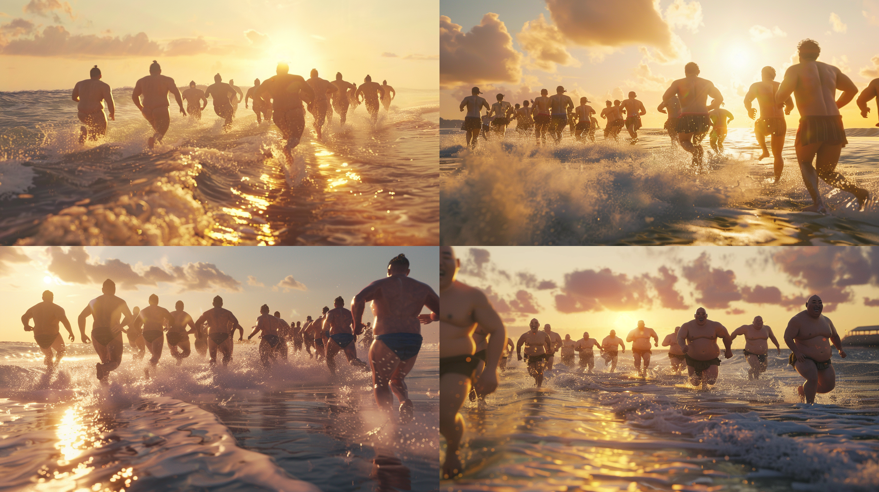 20个相扑手在海边正对镜头奔跑，，高细节超逼真，嫩白肤色，4k分辨率，鲜艳色彩，侧逆光，特写镜头，真实风格，最佳画质，动态捕捉，夕阳，海浪，沙滩，快乐表情。