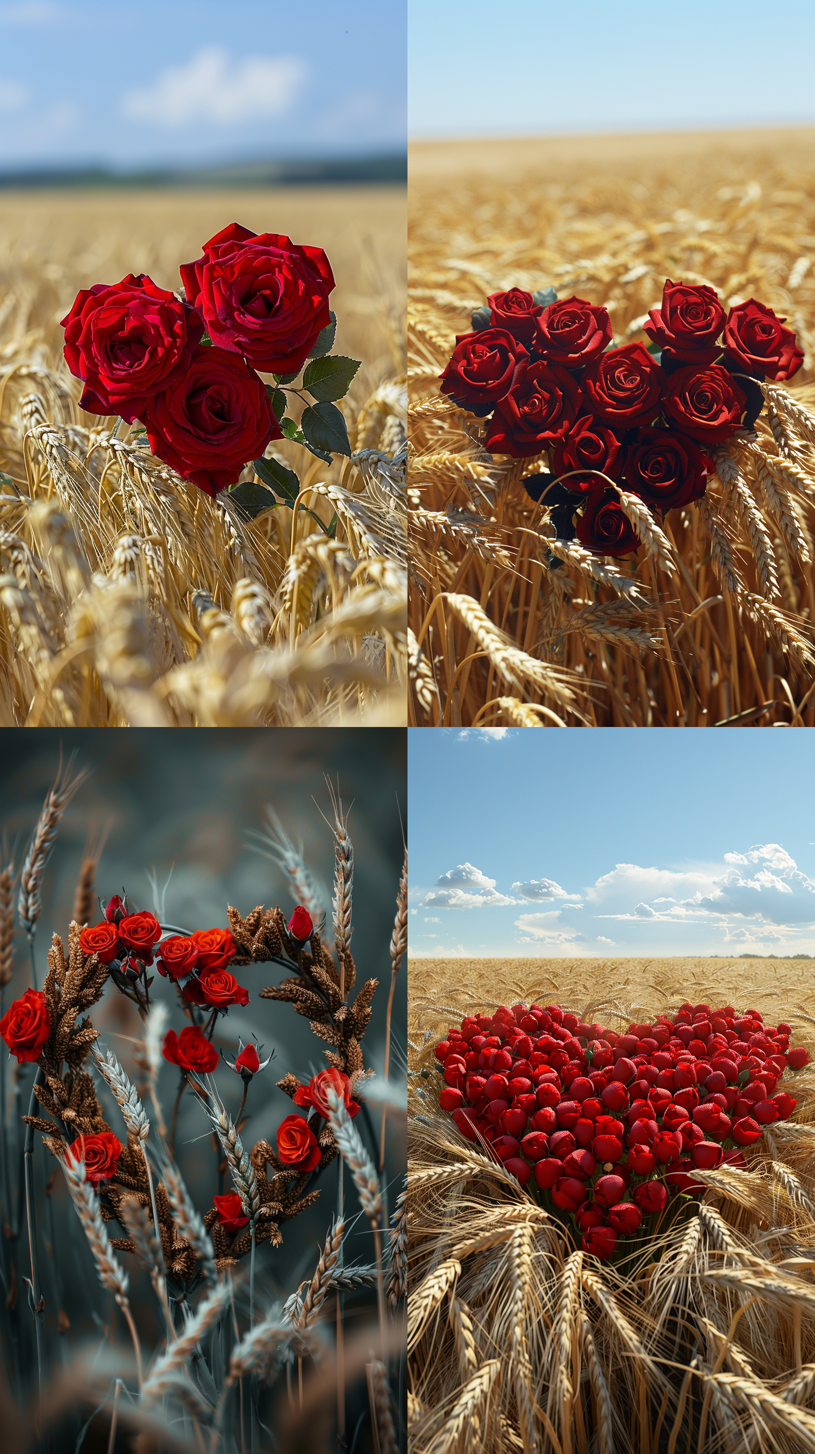 小麦田中，玫瑰盛开，广角镜头捕捉，爱心形状，爱情主题，金黄与鲜红对比，自然光线，温暖色调，微风轻拂，浪漫氛围，深情对视，低角度拍摄，柔和光影，自然环境，情感表达。