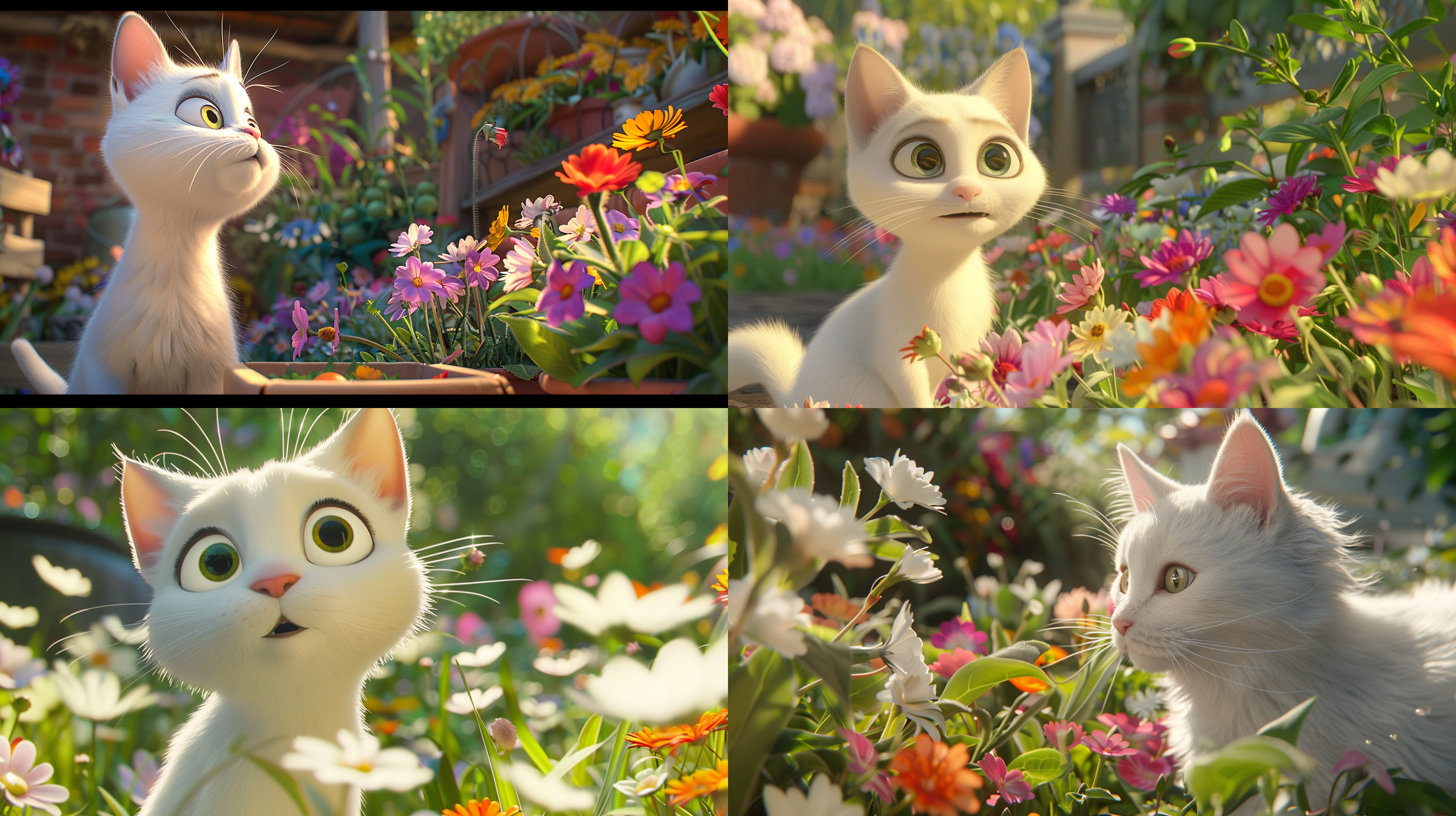 白猫看花，皮克斯动画风格，中景，大眼睛，好奇表情，花园背景，温馨氛围，鲜艳色彩，自然光，柔和焦点，快乐情绪。 皮克斯
