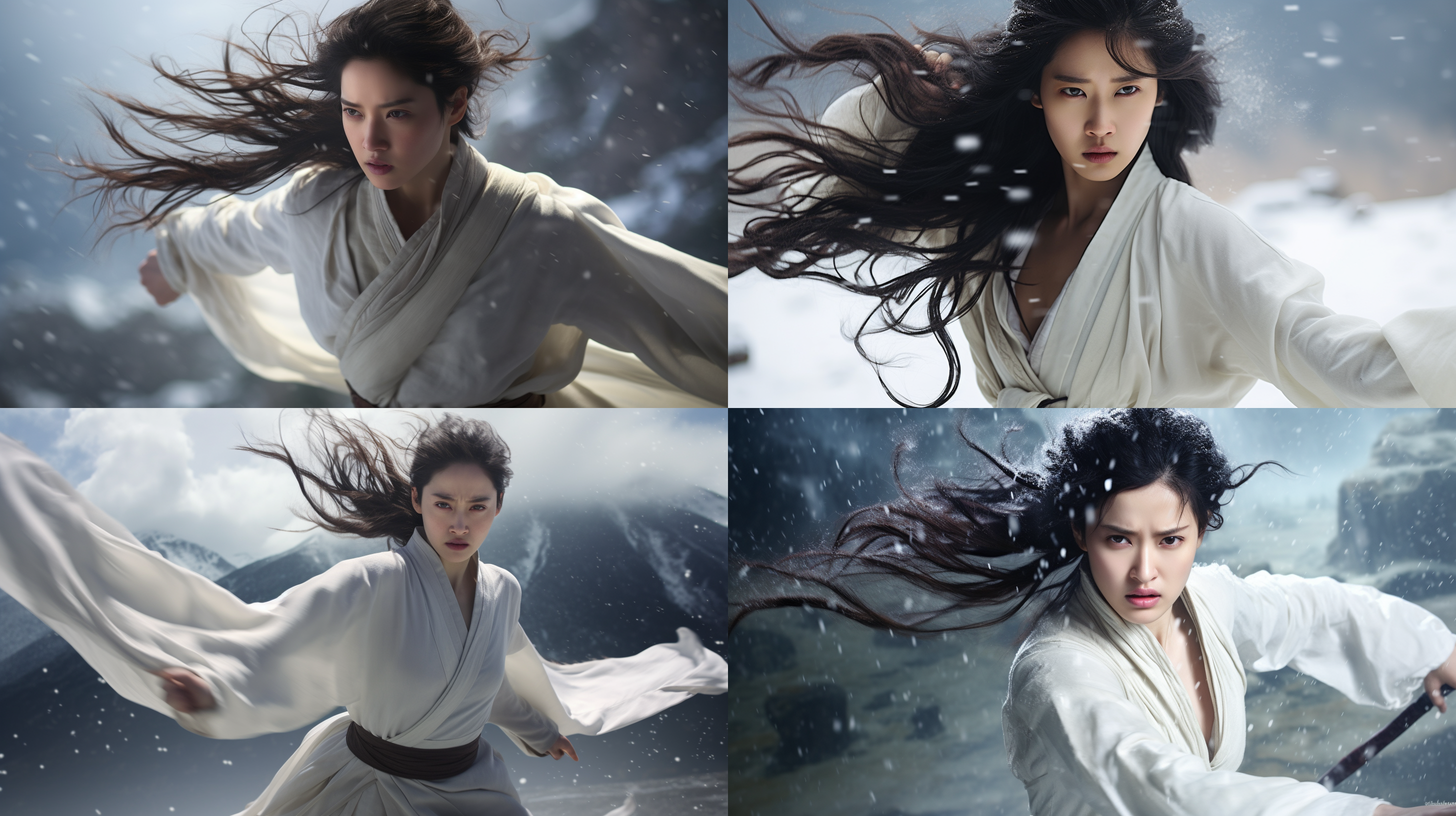 电影剧照，张艺谋执导，刘亦菲饰演一位美丽的中国古代女子，身着白色棉质汉服，愤怒表情中展现战斗姿态，背景为雪山，雨中场景，中景上半身，电影级光线，高对比度，明暗交错，细节丰富，8k分辨率，超高清细节