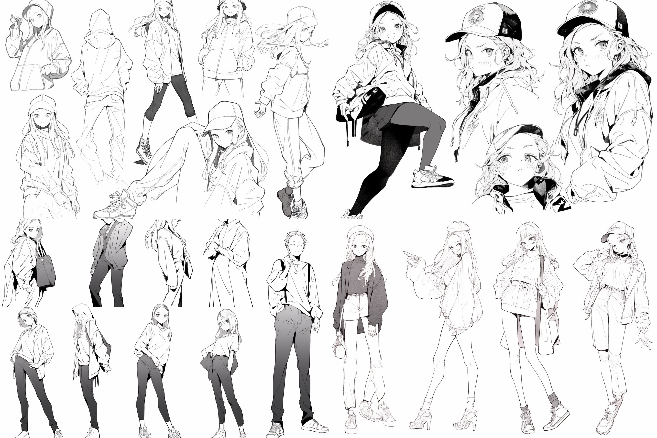 卡通人物动态图线稿，多动态线稿，动漫线描手稿，黑白对比，线条流畅，动态捕捉，细节丰富，平面视角，简洁背景，快速笔触，表现力强，动感十足。