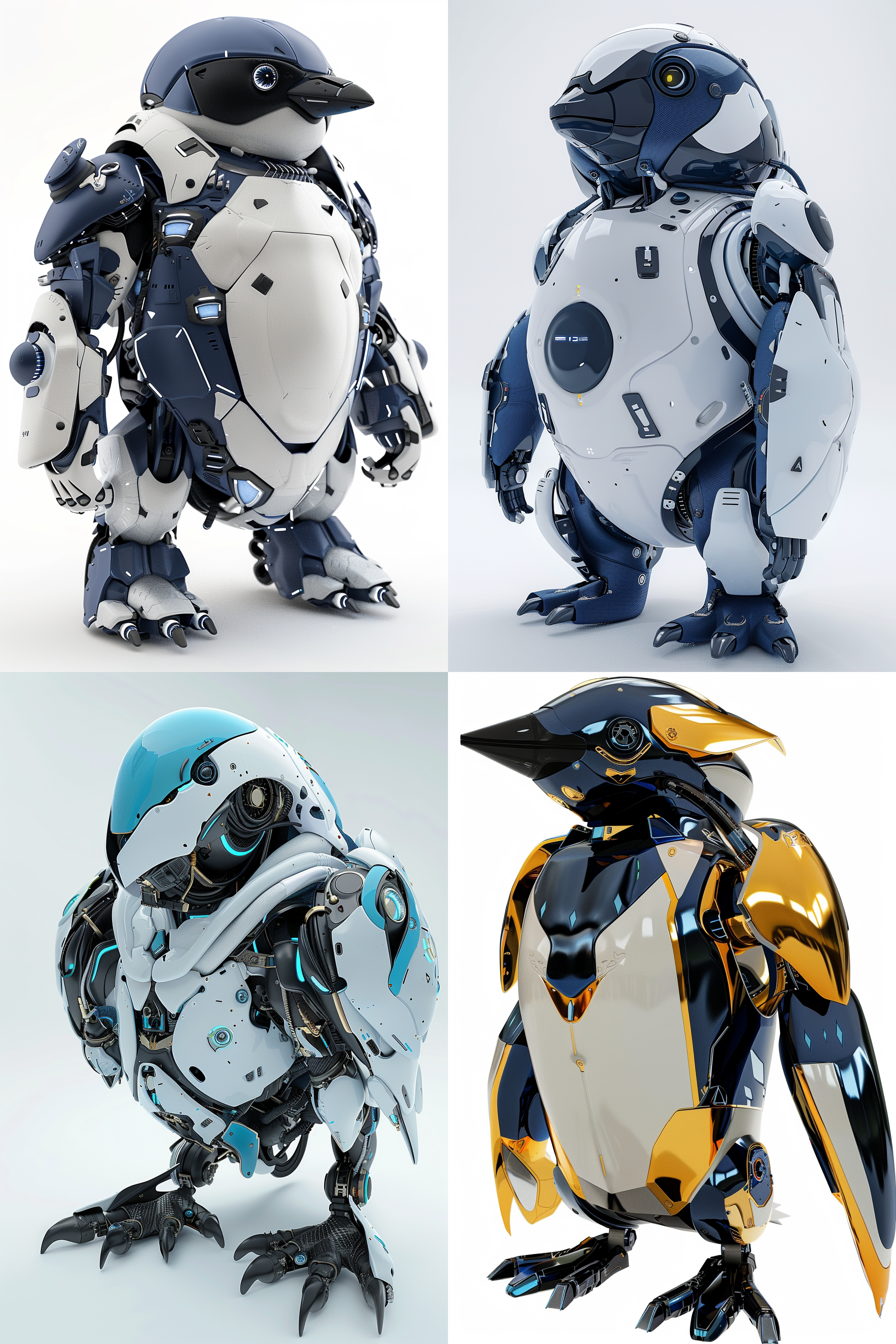 一只机甲企鹅，帅气，创意，白色背景，可爱动作，机甲穿戴，未来科幻风格，蓝色主题，特摄风格，全身概念图，y2kc4d oc渲染器，清晰背景，全视图，8k超高清，清晰画质，米勒 角色设计 机甲装