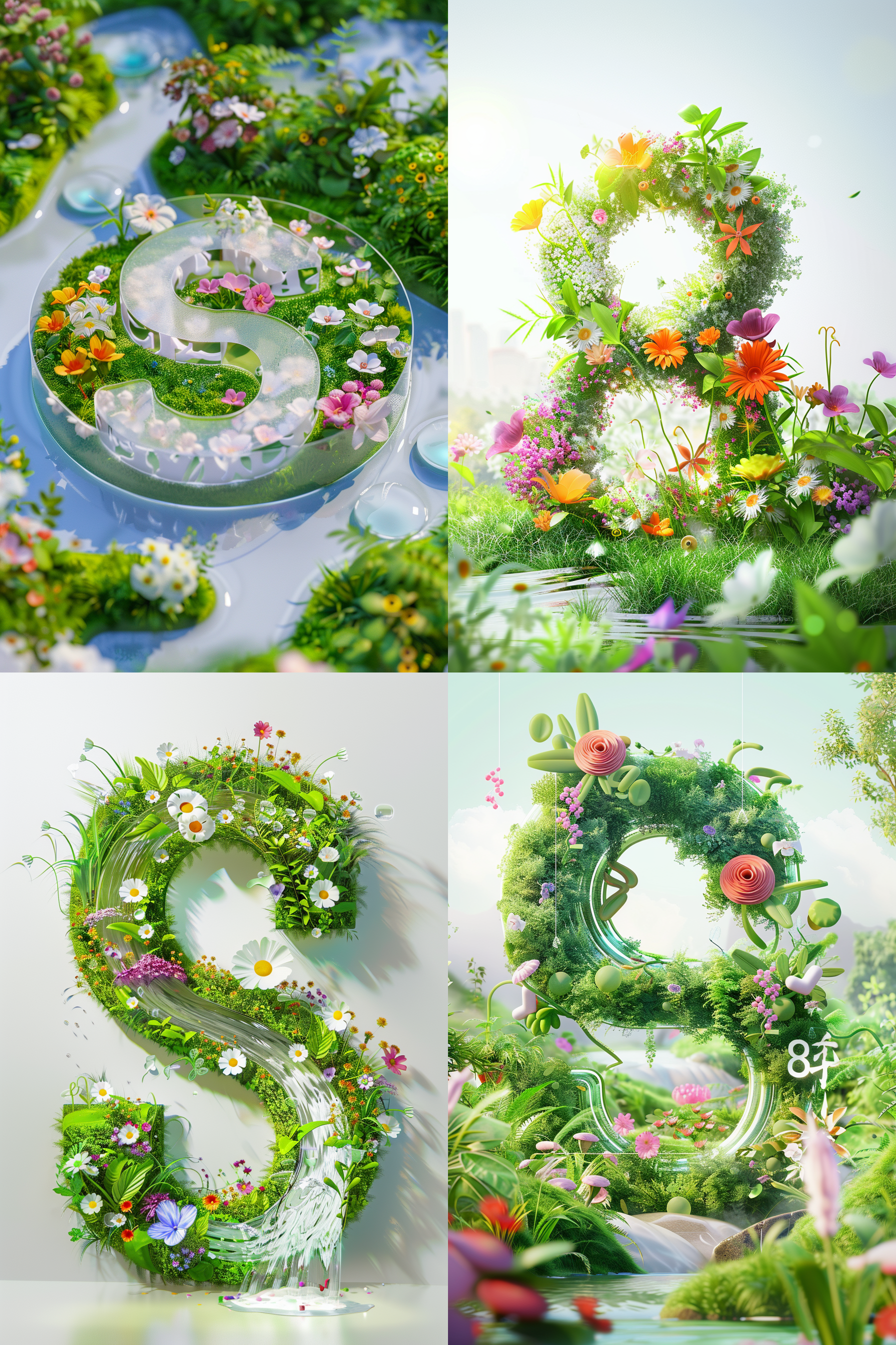 三维字母'贵州'，可爱大数字，圆形，少女色系，白色背景，绿草如茵，河流穿行，五彩花朵盛开，卡通风格，鲜艳色彩，可爱风格，柔和光线，欢乐氛围，玻璃材质，特写镜头，8k分辨率。