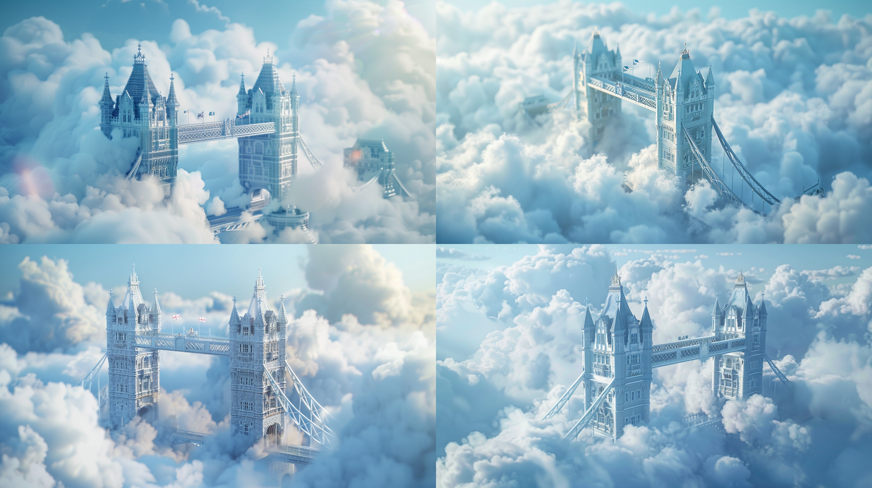 云朵组成的伦敦塔桥，蓝色背景，白云材质，自然光，3d,c4d，细节丰富，光线柔和，天空蓝，云朵白，桥体清晰，远景模糊，梦幻感。