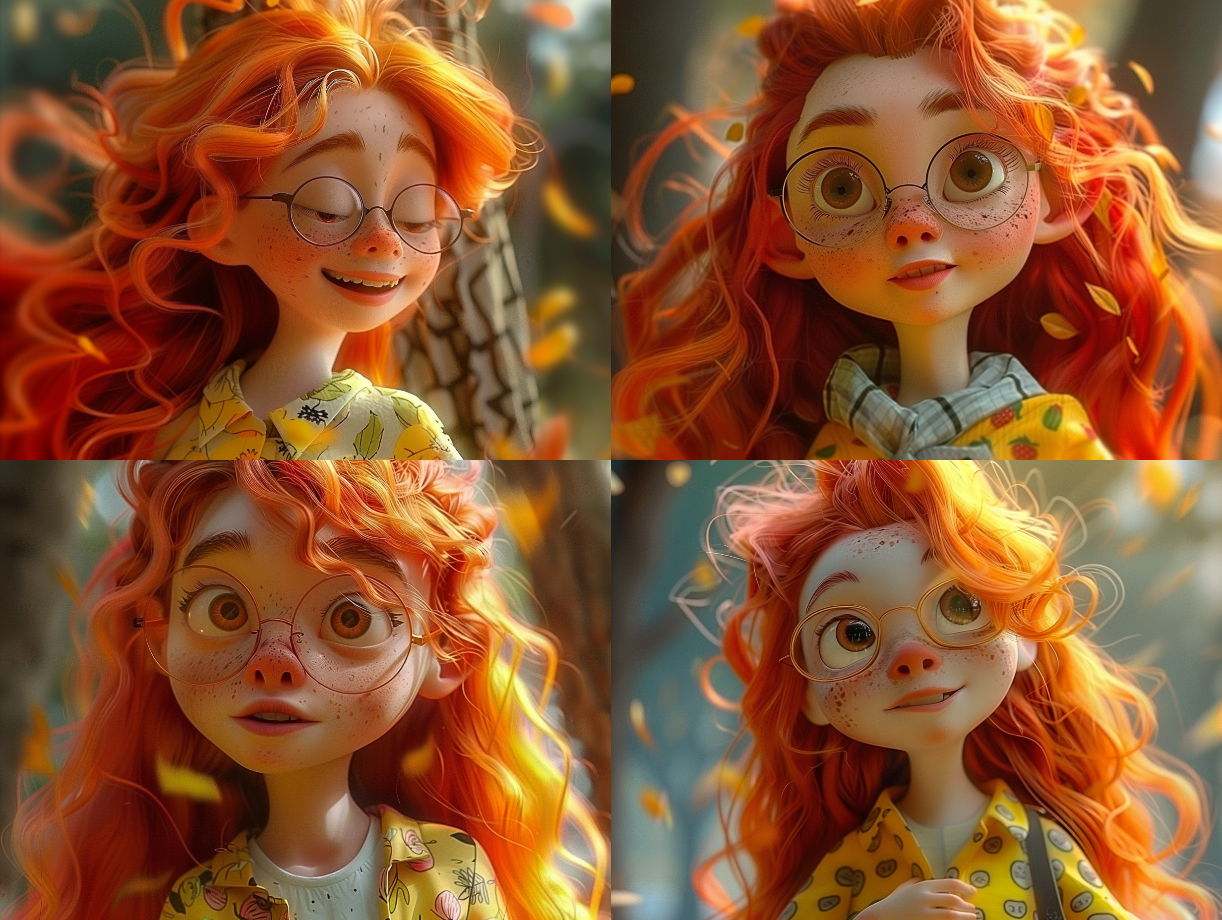 皮克斯渲染，长橙色头发，édouard bisson艺术风格，近景虚化，cgi渲染，儿童，carlos francisco chang marín风格，mirabel madrigal渲染，15mm八度渲染，greta thunberg风格，royo风格，cgi艺术，柔和光线，温馨表情，细腻纹理，梦幻色彩，动态捕捉。