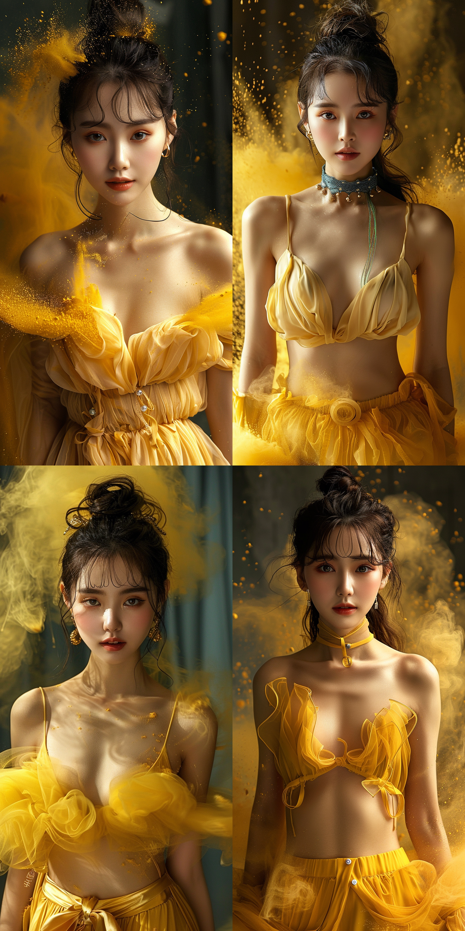 黄色粉末爆炸，商业摄影，美女模特，动态捕捉，广角镜头，高光对比，鲜艳色彩，侧光照明，动感姿态，自信表情，时尚服饰，背景虚化，焦点清晰。