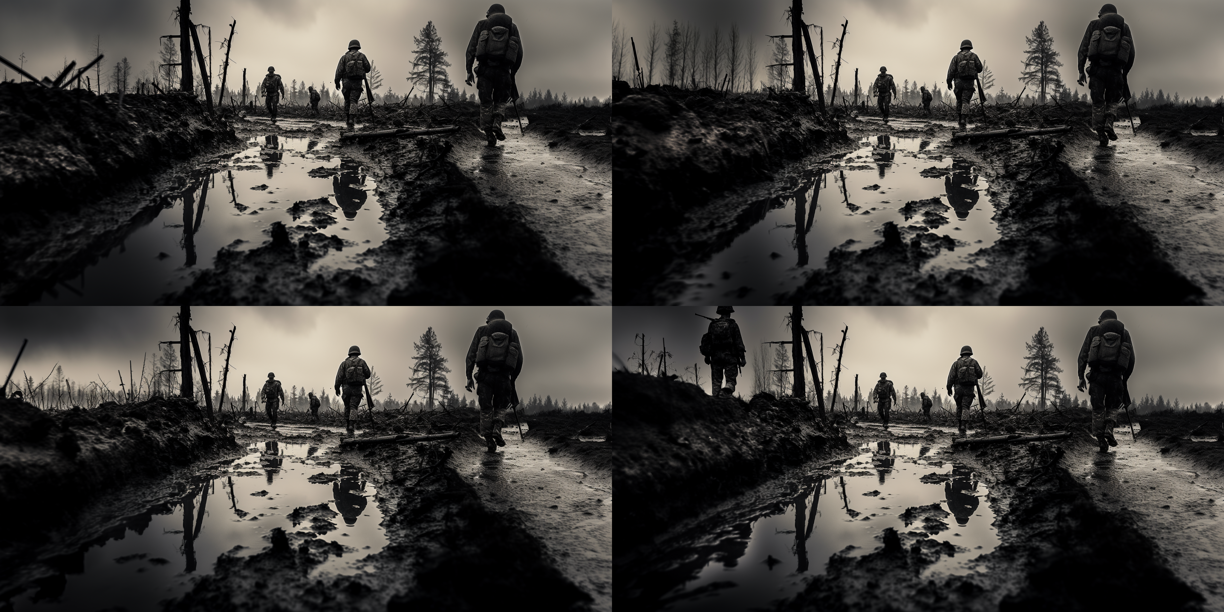 体现战争残酷，灰暗的战场，第二次世界大战，黑白色调，战场上的尸体，天空中的飞机，德国军官，史诗战场，远景画面，广角镜头，高视角，泥泞地，烟雾，弹壳，战壕，战斗装备，全景远景，对撞光线，紧张，英勇。