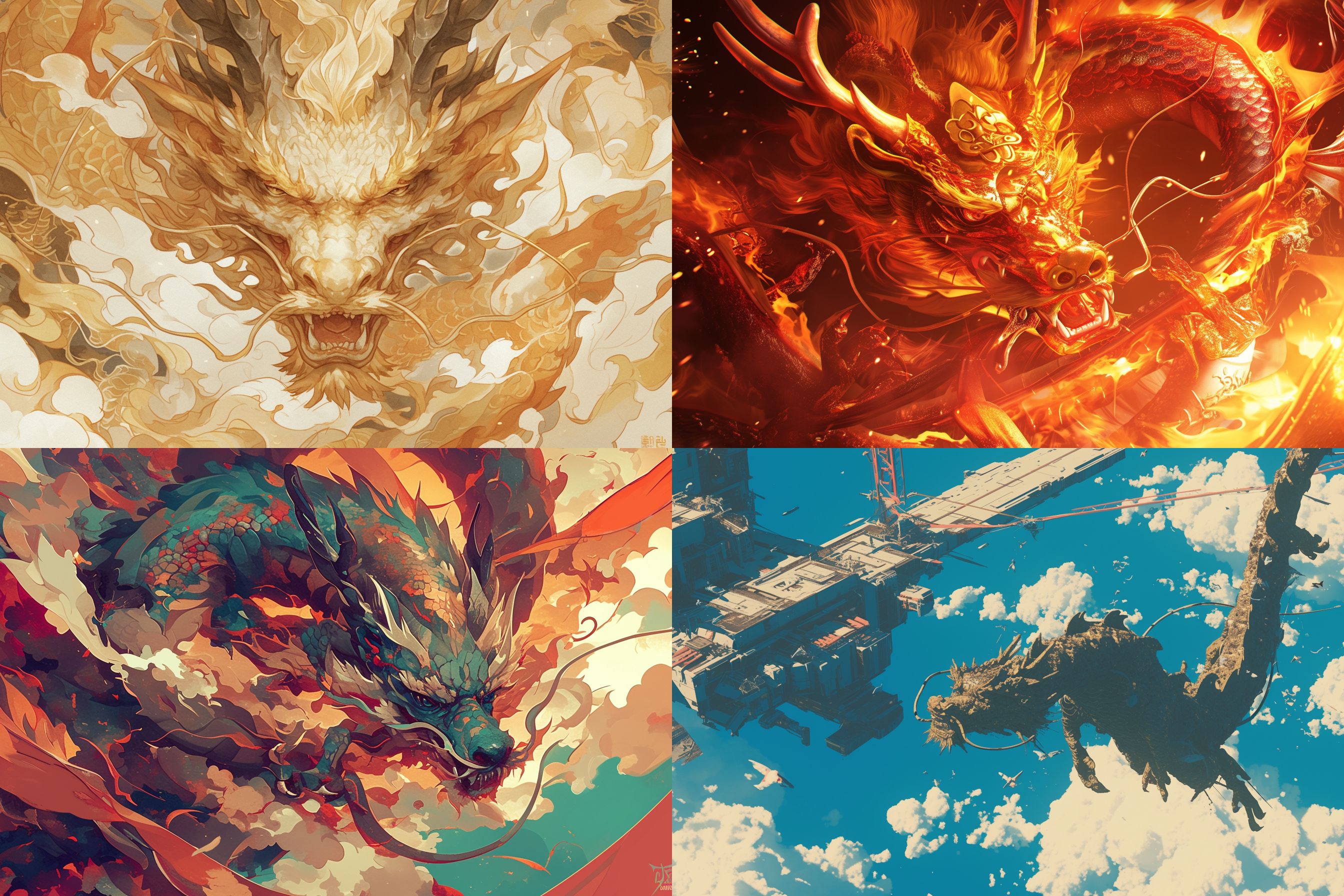 金色中国龙，正面俯视，飞行中，天空背景，云朵环绕，壮观恢宏，传统装饰，暖色调，细节丰富，神态威武，高清晰度，光影交错。