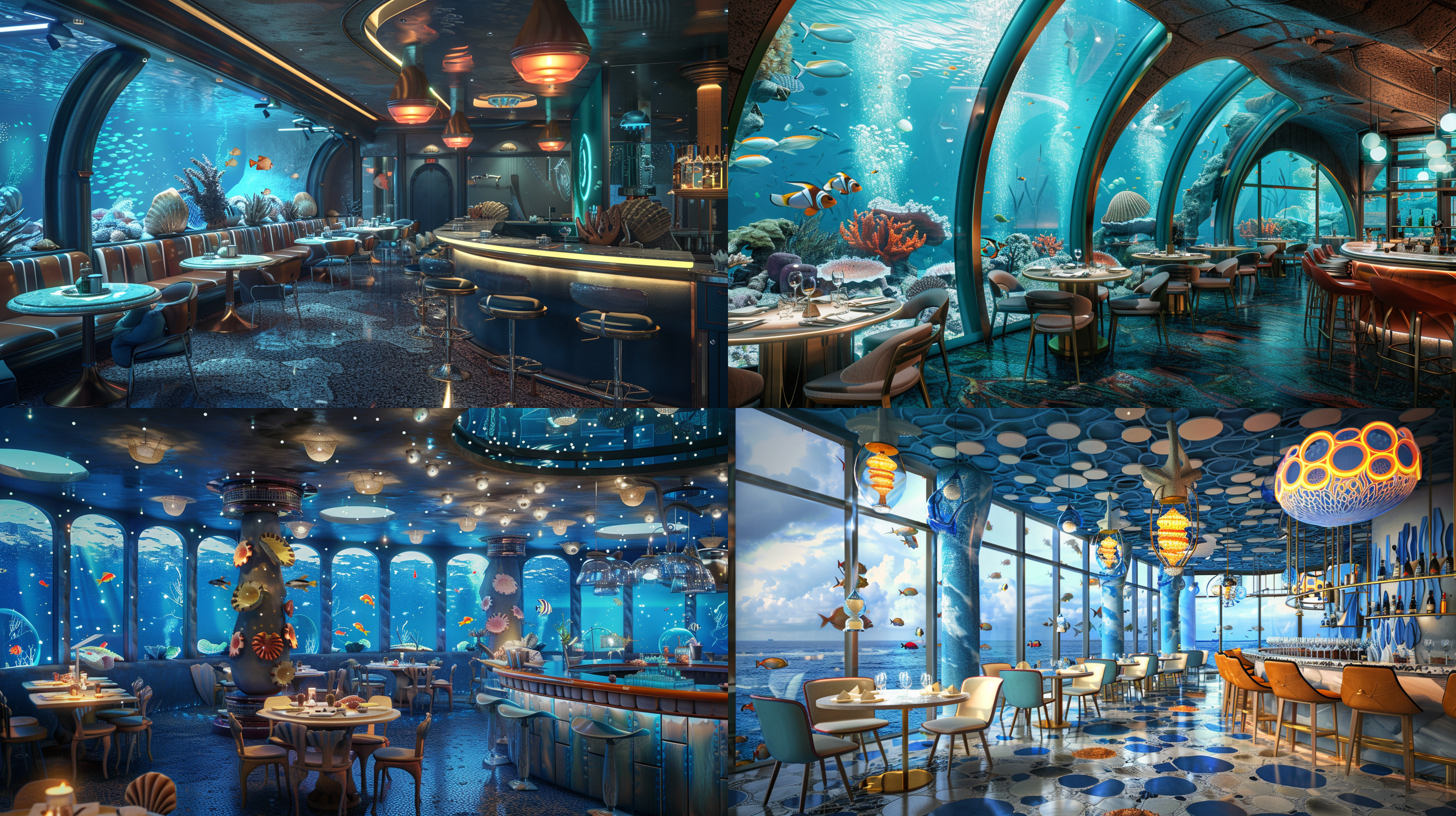 cute marine-themed restaurant, various marine-themed decorations, ocean lighting, floor-to-ceiling windows, underwater view of the sea, large glass panels, watching various sea fish swimming, shell-shaped tables and chairs, starfish-shaped bar counter, high detail, master design, clean render, best quality, 4k.