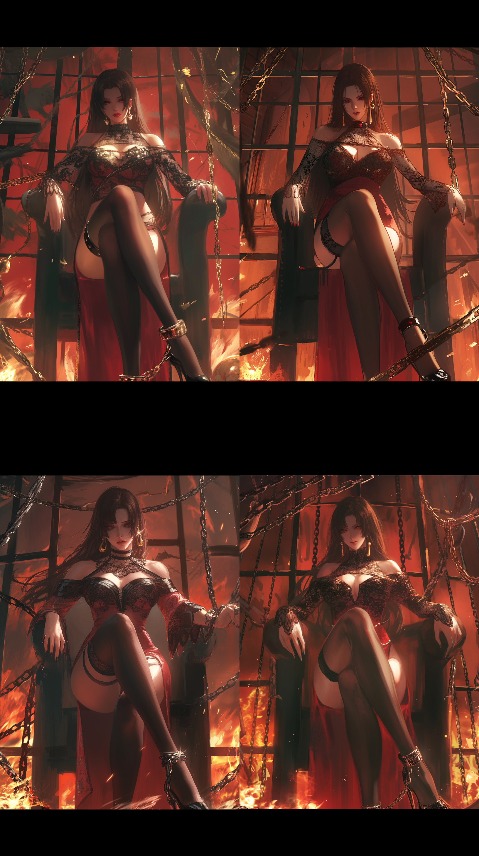 pirate king, empress boya hancock, red cheongsam, black stockings, chains, high heels, long legs, slight squats, pursuit of details, elegant temperament, realistic proportions, 8k