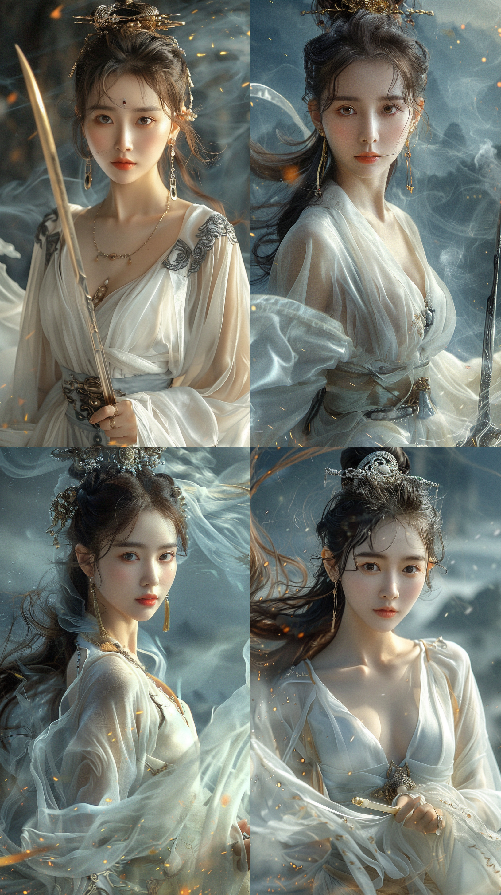 中国古代服饰女子，御剑飞行，玄幻世界，宇宙主角，美貌，女战神，施展魔法阵，超高清，超现实，长焦镜头，逆光，动态模糊，神秘，深蓝背景，金色光芒，专注表情。