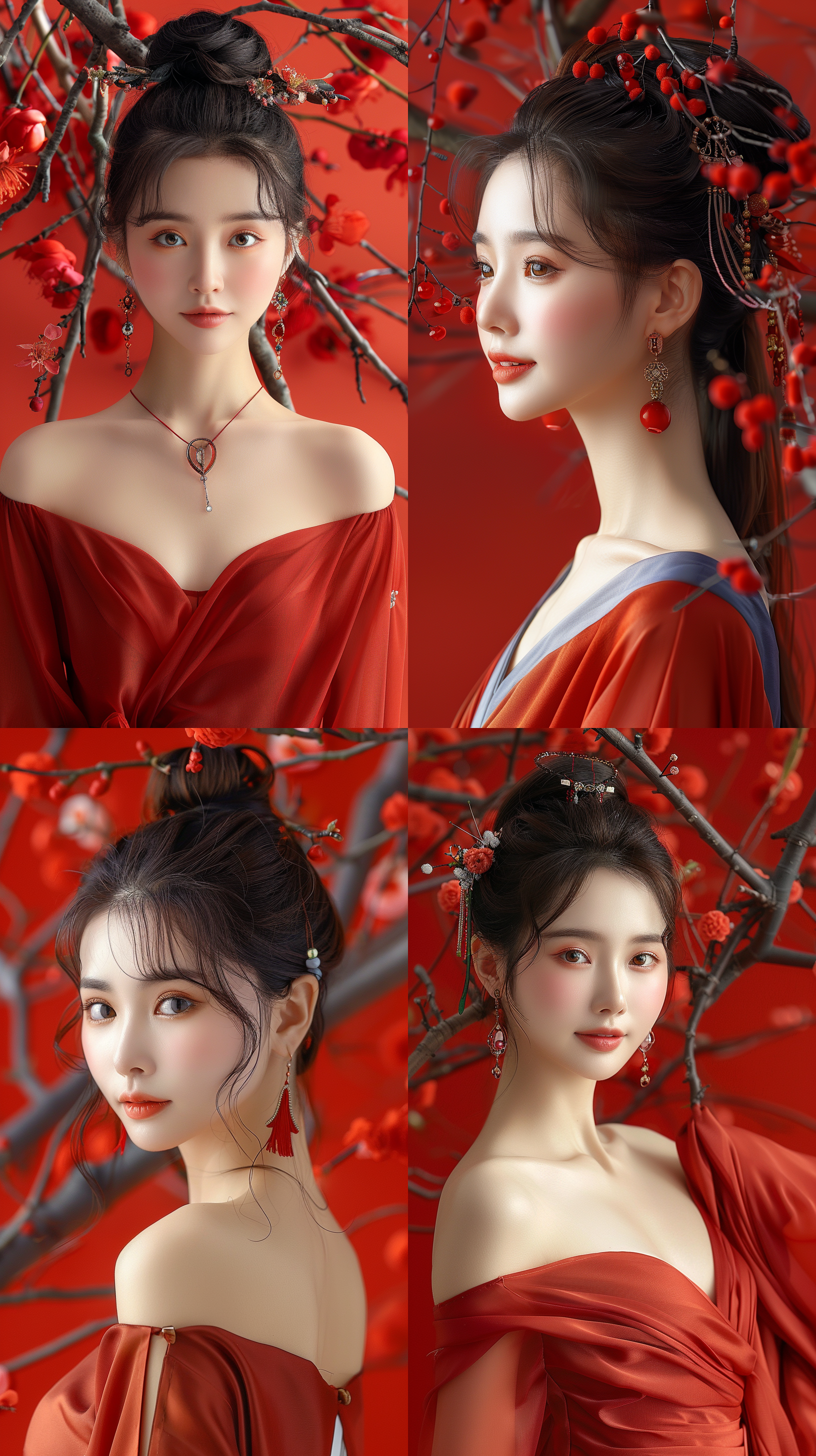 红色汉服女性，背景红色梅花，丝绸杂志封面，典雅神秘，摄影棚光影，全身照，脖子修长，构图右上角，高饱和度，中焦距镜头，正脸，柔光，端庄。