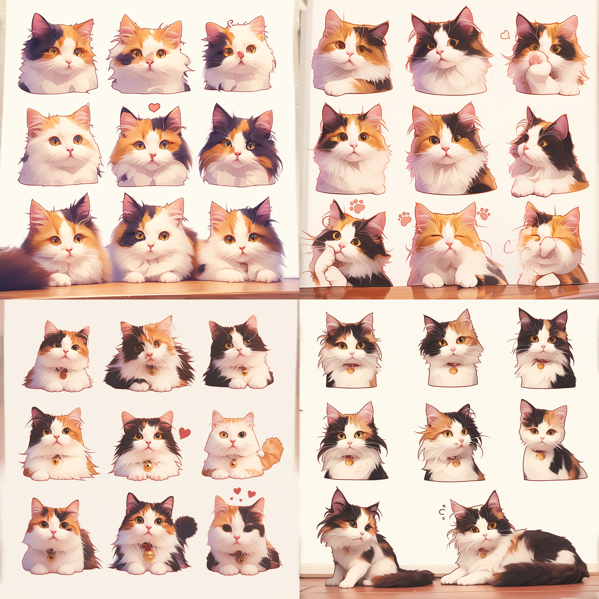 a cute calico cat, emoji pack, emoji sheet, curly tail,face close-up, expression close-up, exag-gerated move ments, happy, angre, sad, surprised, etc, various emotions, white background, q version, sticker art design, ultra-high definition, 8k, nine-square layou