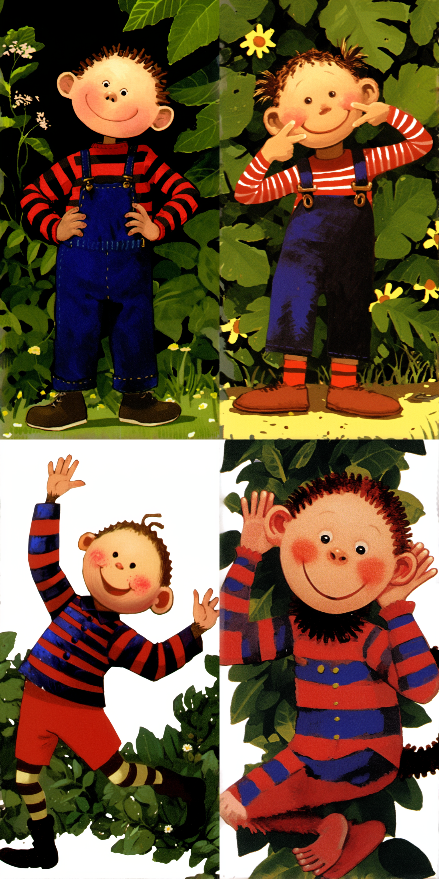 小猴子男孩绘本人物，森林背景，卡通风格，男孩穿着猴子装，活泼表情，大眼睛，动态抓取，鲜艳色彩，柔和光线，特写镜头，温馨，童趣。